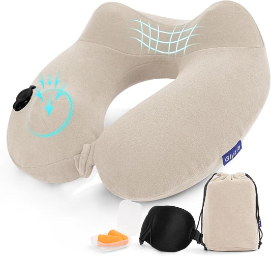 Inflatable Travel Neck Pillow for Airplane, Head Support Velvet Adult Neck Pillow for Long Flight, Kit with Eye Mask, Earplugs and Storage Bag,1, Beige