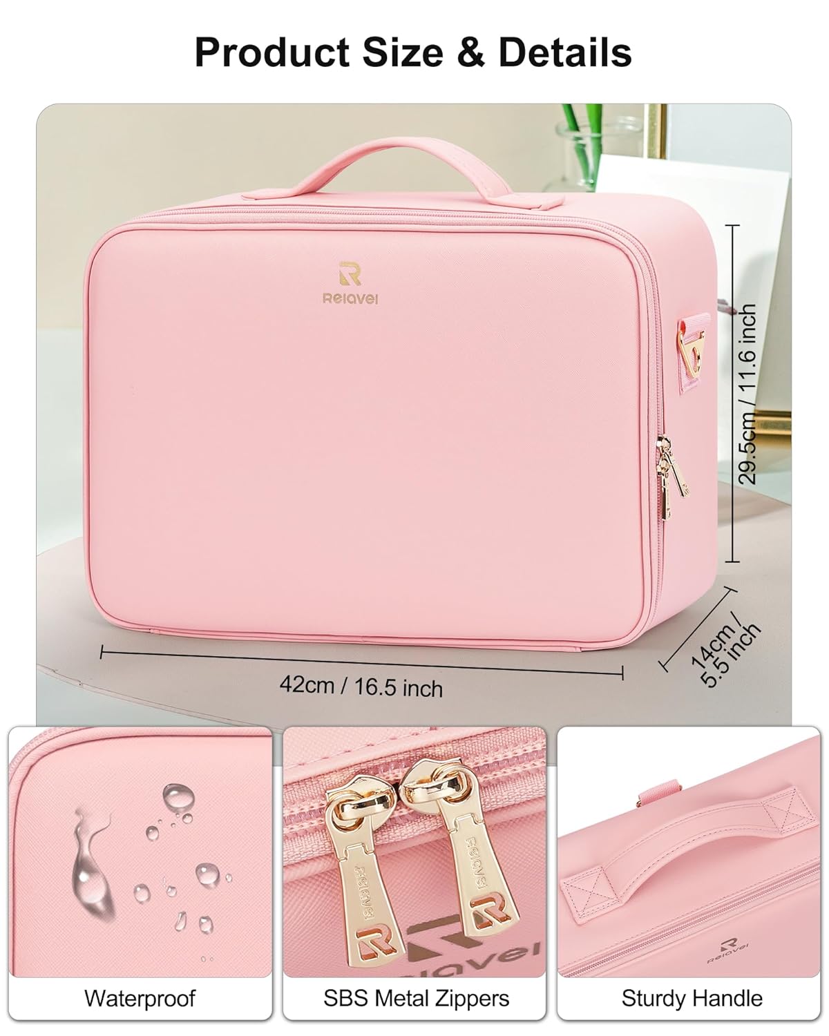 Relavel Makeup Bag with LED Mirror, 16.2 inches Large Professional Makeup Case for Makeup Artists, Travel Portable Cosmetic Organizer Storage Box, Vanity Case with 3 Colors Lighted Mirror, Pink