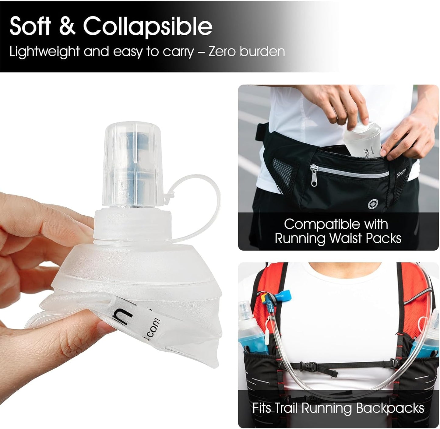 GYGYL Soft Flask, TPU Collapsible Soft Water Bottle for Hydration Pack, Running Vest, Leak-Proof Folding Water Bottle for Hiking Cycling Climbing Jogging-500ml White