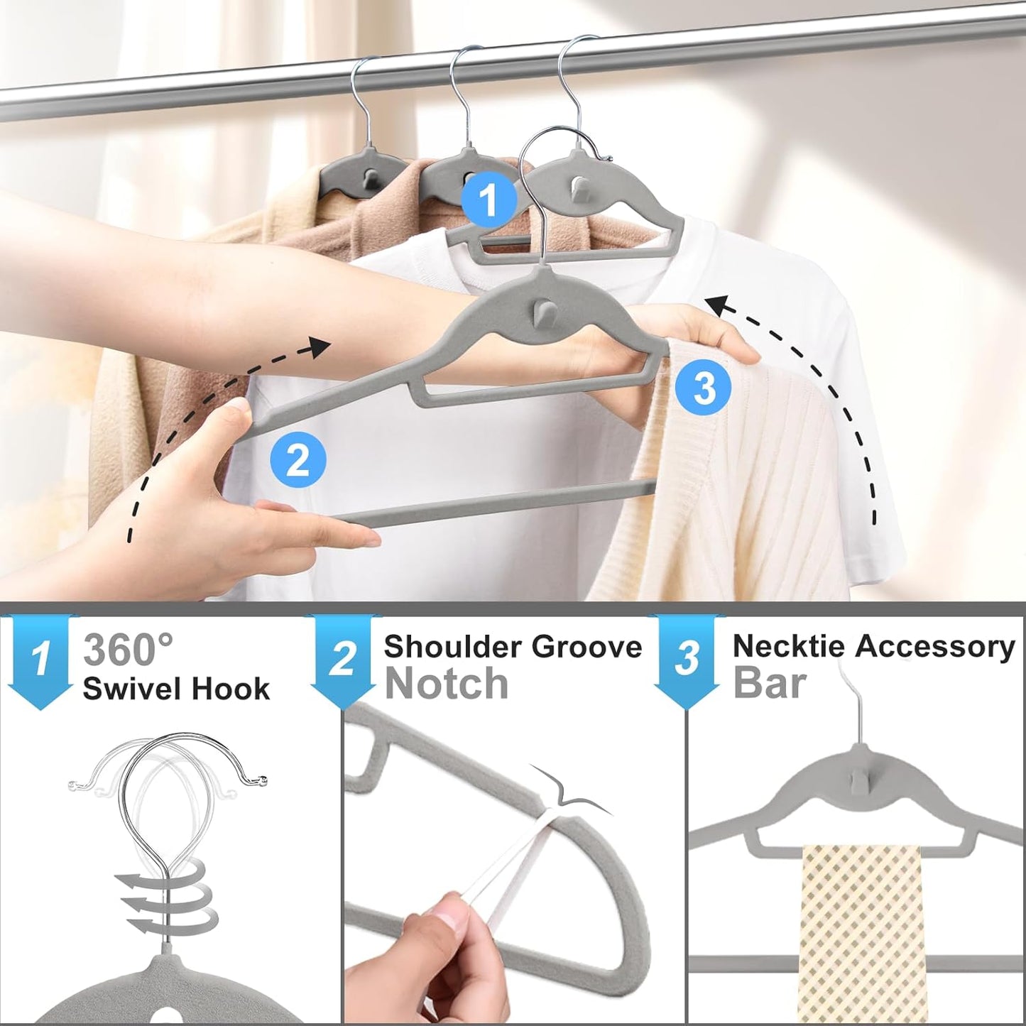 Velvet Felt Stackable Hangers 50 Pack, Non Slip, with 360° Swivel Hook, Ultra Thin and Space Saving for Suits, Shirts, Coats, 15Lbs Capacity Heavy Duty, Gray