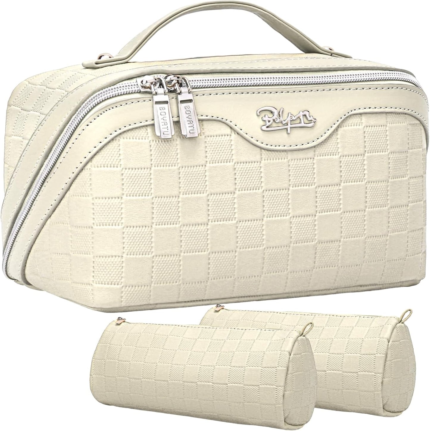 Travel Makeup Bag Organizer Cosmetic Bag: 3 Pcs Set Make up Bags for Women with Handle - Waterproof Vegan Leather Toiletry Bags with Comparments (C-04-Beige)