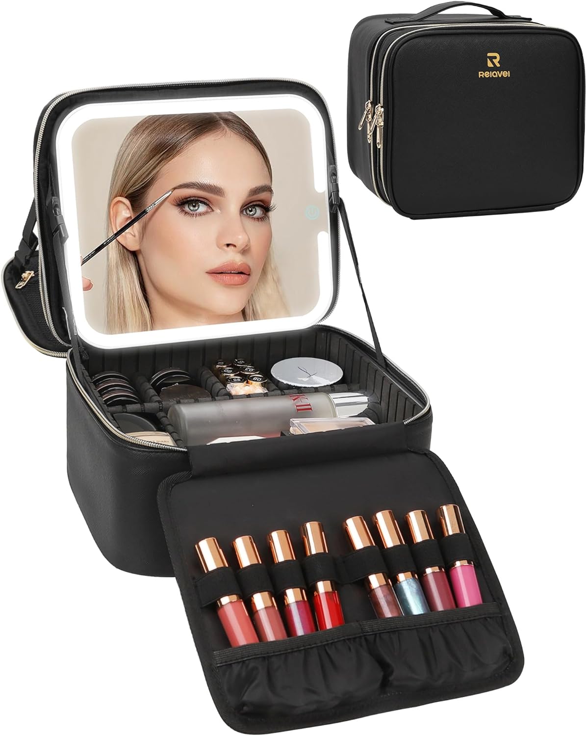 Relavel Makeup Bag with LED Mirror, Travel Makeup Case with Rechargeable Lighted Mirror 3 Color Lights, Dual Layer Cosmetic Box Makeup Brush Lipstick Holder Organizer for Women, Leather Black