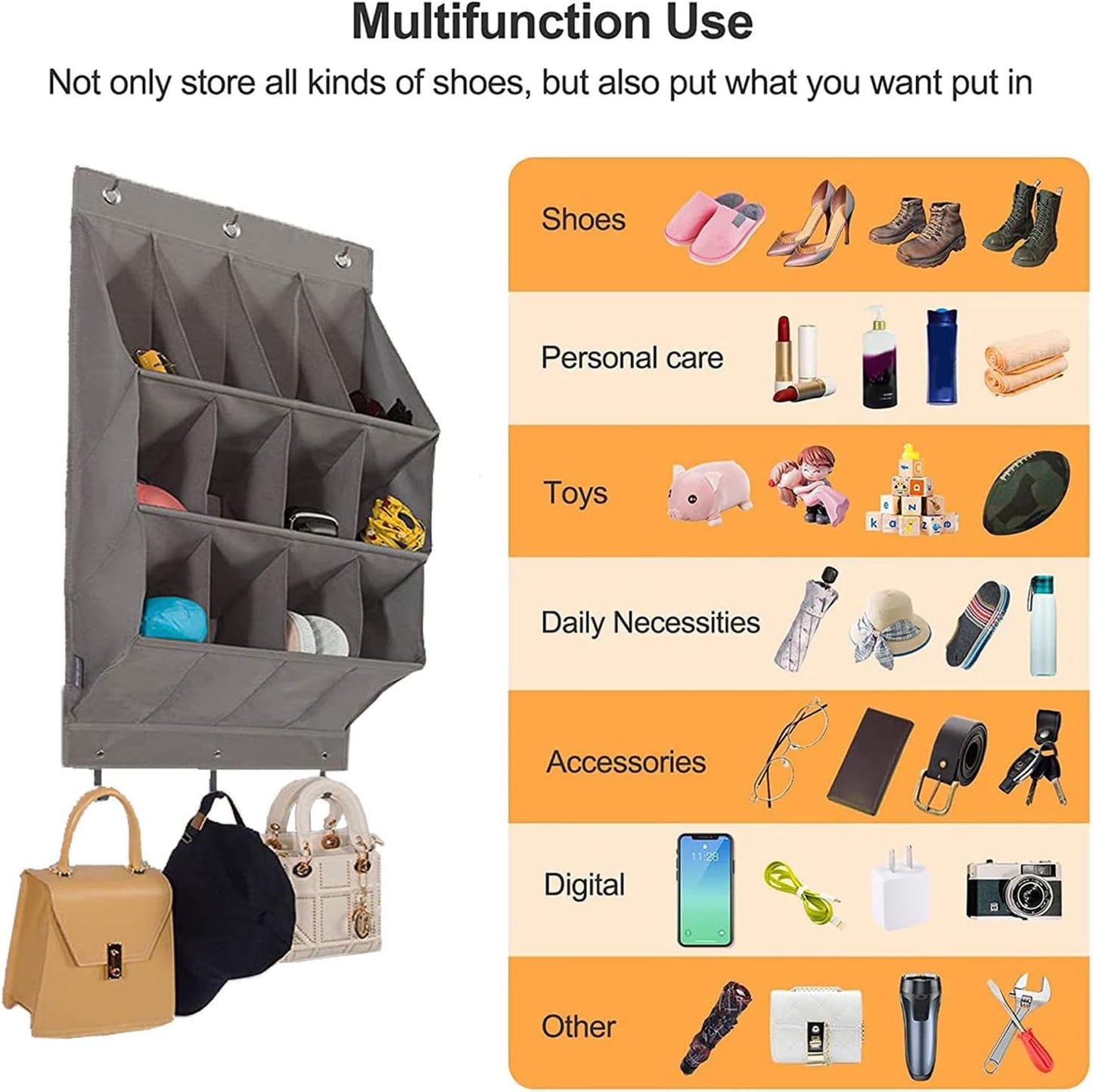 Over the Door Shoe Organizer, 12 Pockets Hanging Shoe Storage Rack with Large Deep Pockets, Oxford 600D Fabric Grey Shoe Storage Rack with 6 hook for Shoes, Slipper,Home Accessories etc-Black