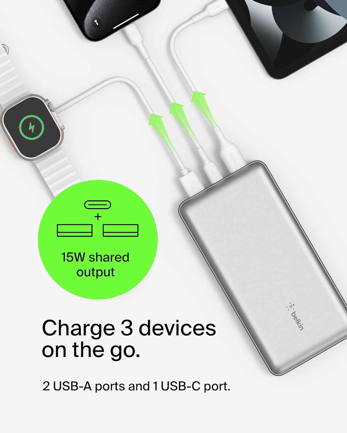 Belkin Portable Charger, USB-C Power Bank 20000 mAh w/ 1xUSB-C Port & 2xUSB-A Ports, 15W w/Type-C to Type-A Cable for iPhone 16, Samsung Galaxy S25, Nintendo Switch 2, Google Pixel 10, etc. - Silver
