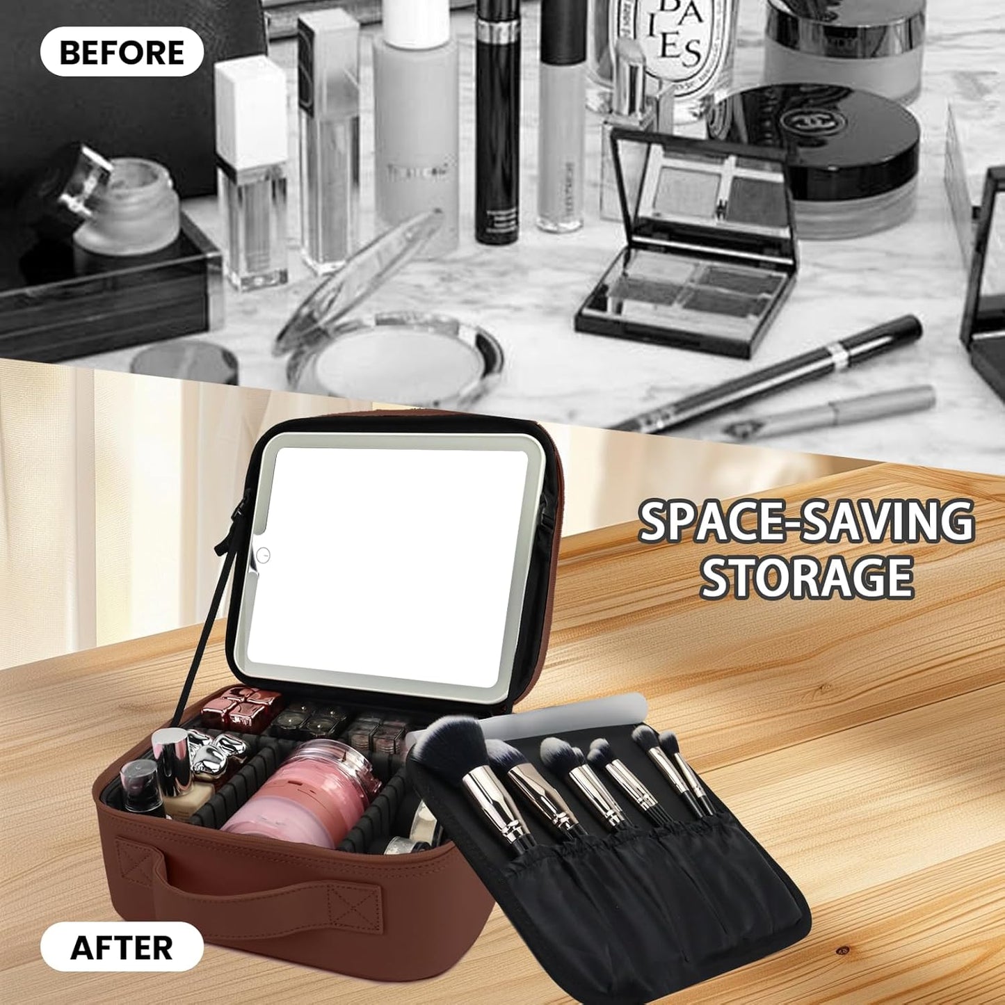 Travel Makeup Bag with LED Mirror and Light Travel Makeup Case Cosmetic Organizer Portable Cosmetic Brush Organizer Bag with Adjustable Dividers for Cosmetics Makeup Brushes Toiletry(Dark Brown)