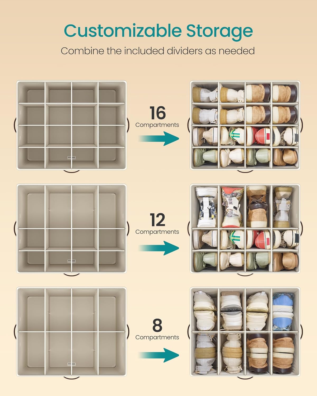 SONGMICS Shoe Organizer for Closet, Shoe Storage Bin, Fits 16 Pairs, Fabric Container with Handles and Clear Cover, Adjustable Dividers, Customizable, Cappuccino Beige ULSP555K01