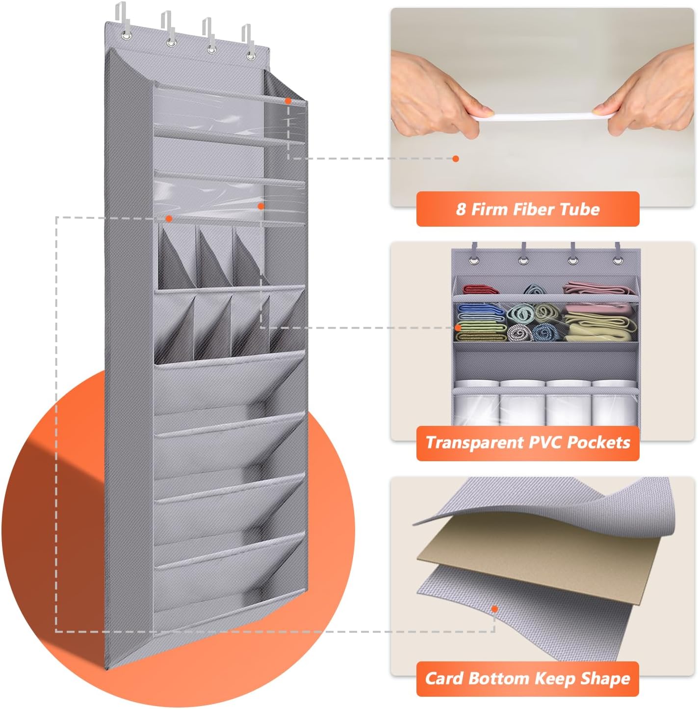 FENTEC 1 Pack Over The Door Shoe Organizer,68" Exlarge Deep Pockets Hanging Shoe Organizers, 8 Shelves Shoe Rack for Closet, Shoe Holder for Boots,Over Door Organizer in Home, RV, Dorm, Grey
