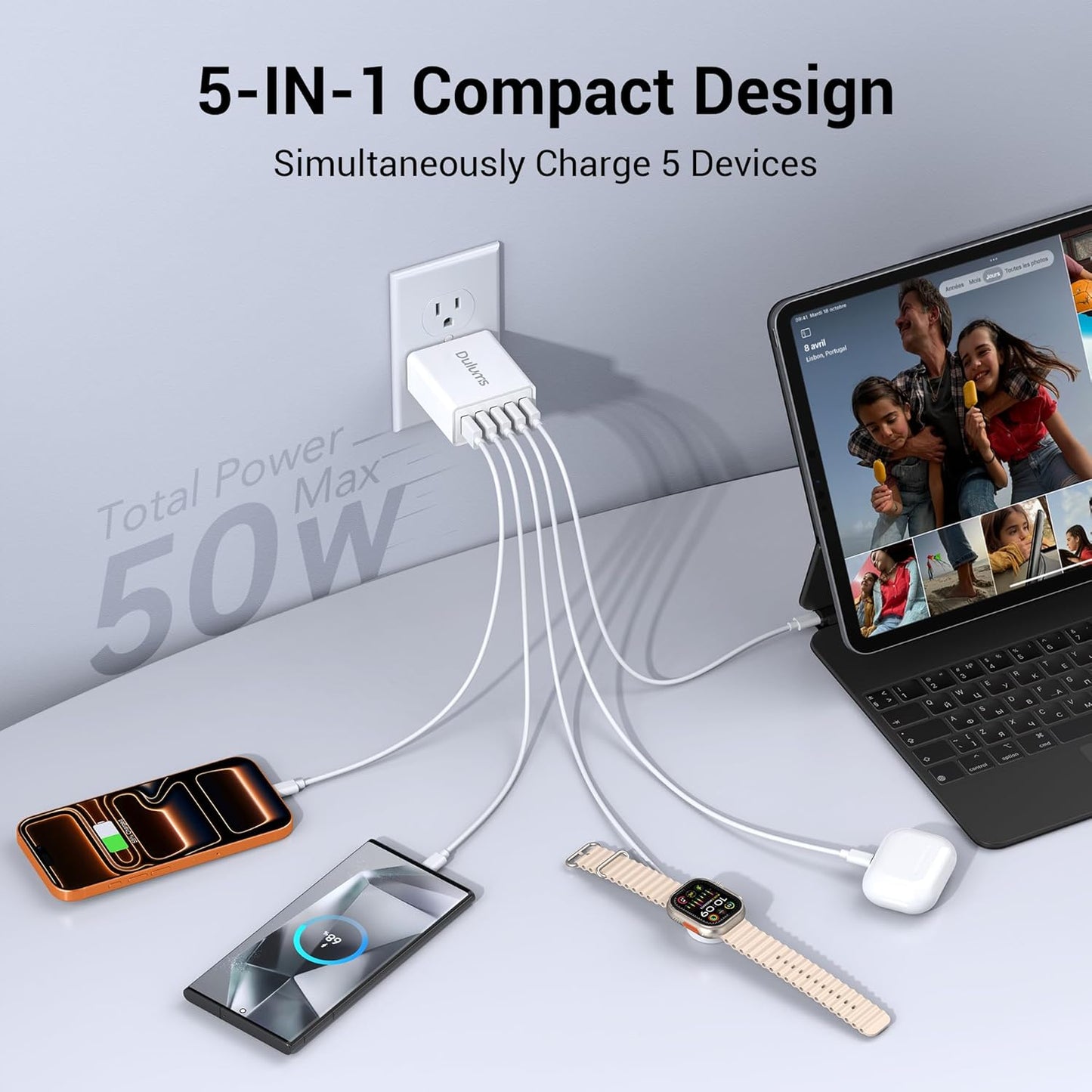 50W USB Wall Charger Block,2Pack 5-Port Charger Fast Charging Block QC 3.0 Multiport Box Brick Cube USB A Wall Plug for iPhone 17/16/15/14 Pro Max Plus, iPad,Galaxy, LG, Moto, Android Phones,AirPorts