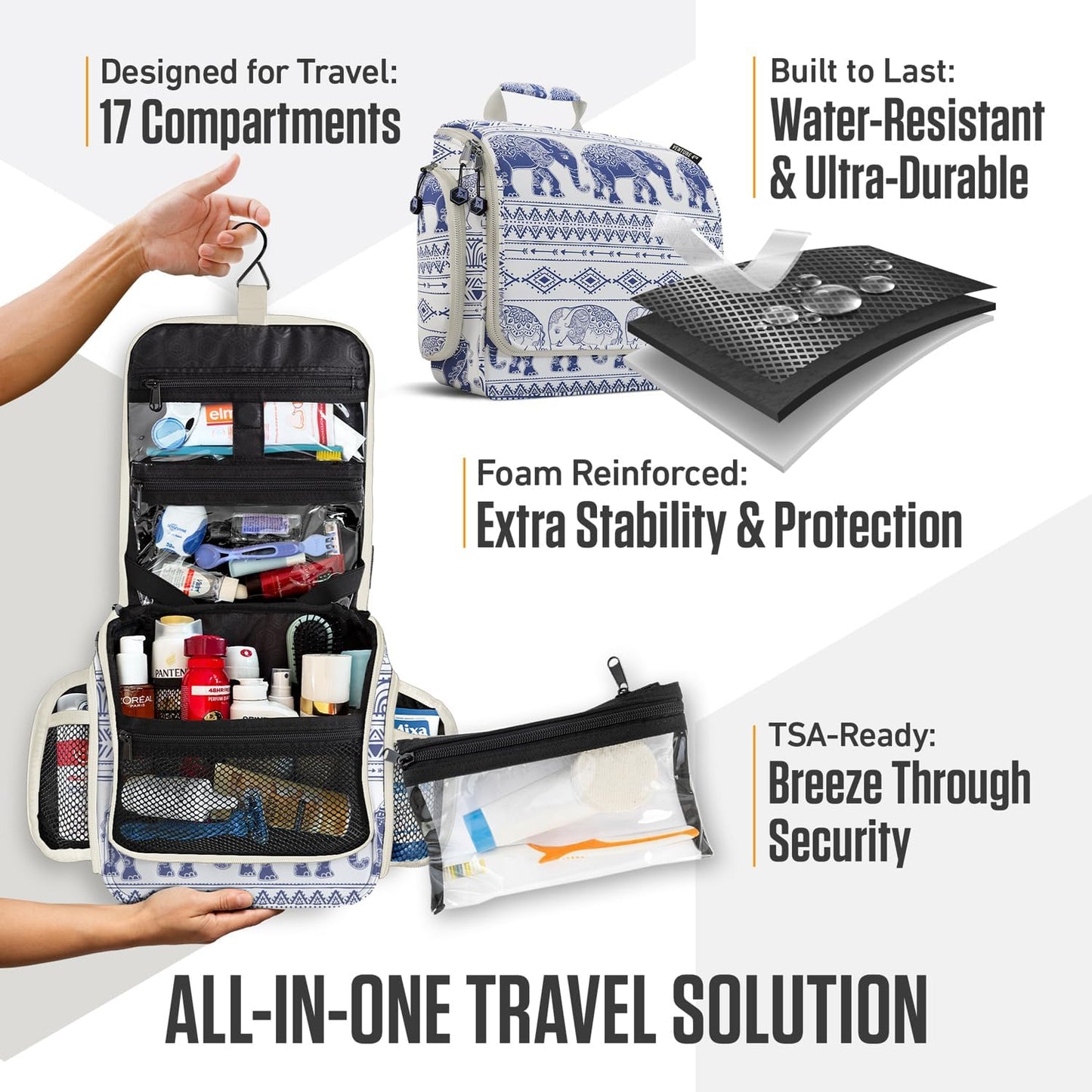 VENTURE 4TH Hanging Travel Toiletry Bag for Women & Men - Travel Organizer with Expandable Compartments & Removable Clear Pouch for Toiletries (Blue Elephant)