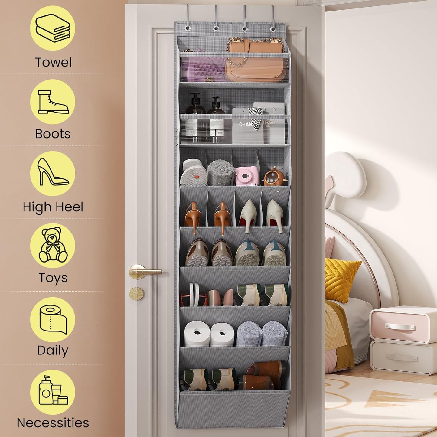 Over the Door Shoe Organizer for Closet, Shoes Rack with 8 Tier Large Deep Pockets, Hanging Shoe Organizers for Boot Storage, Behind the Door Narrow Shoe Holder for Small Shoes, Grey
