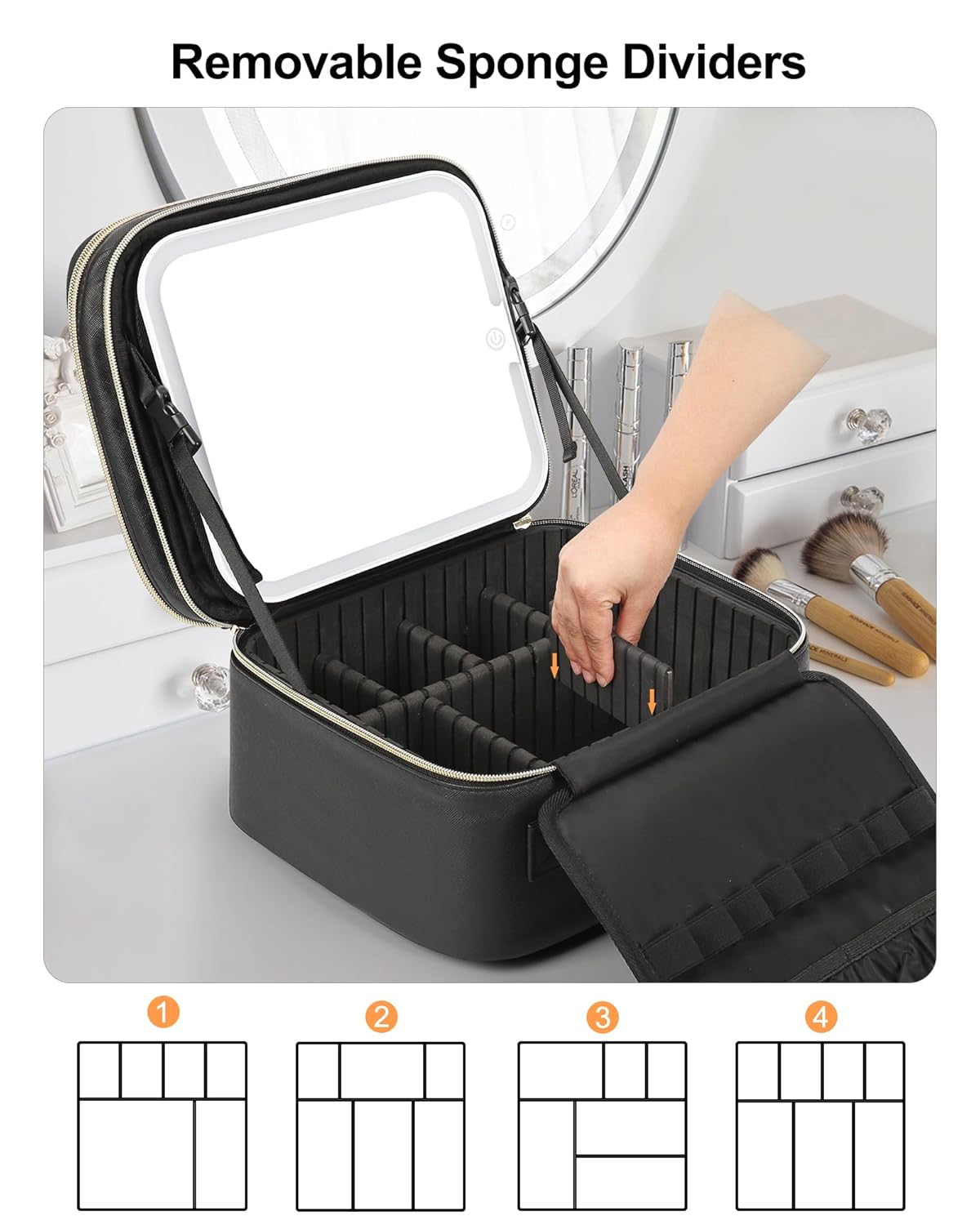 Relavel Makeup Bag with LED Mirror, Small Travel Makeup Case with Rechargeable Lighted Mirror 3 Color Lights, Double Layer Cosmetic Box Makeup Brush Lipstick Holder Organizer for Women, Black