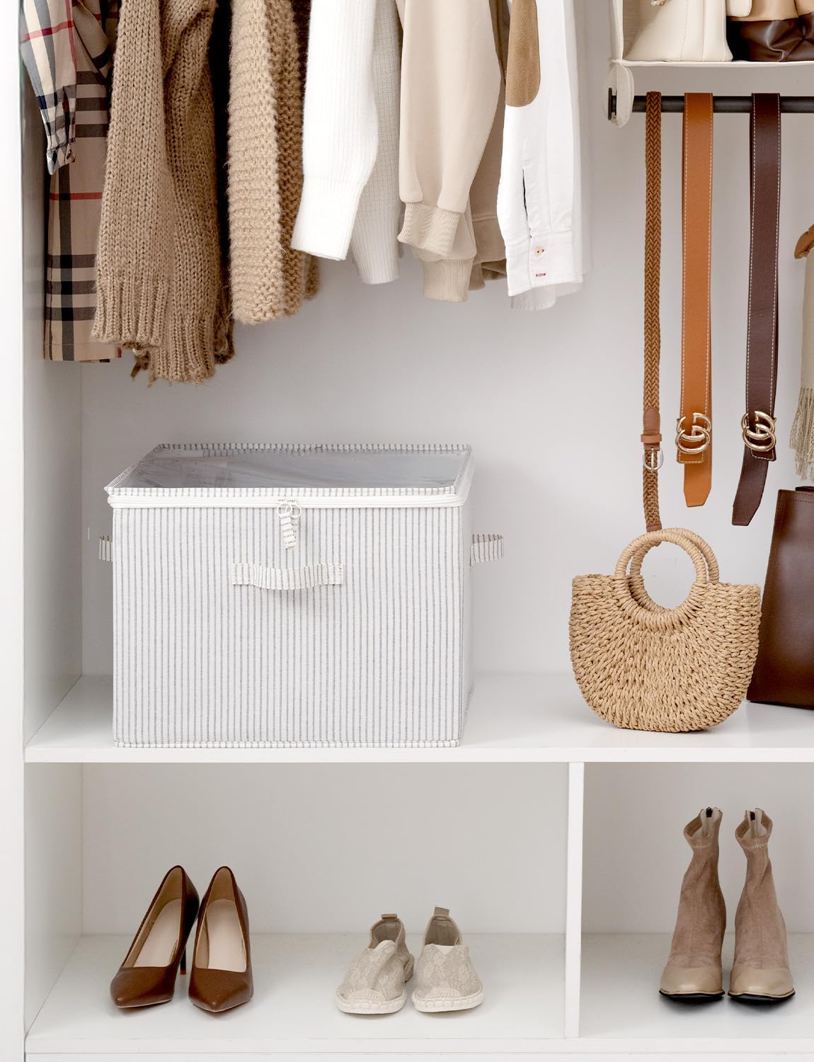 StorageWorks Shoe Organizer for Closet, Fits up to 16 Pairs, Shoe Cubby Storage Containers with Adjustable Dividers and Clear Cover, Gray and White Stripes