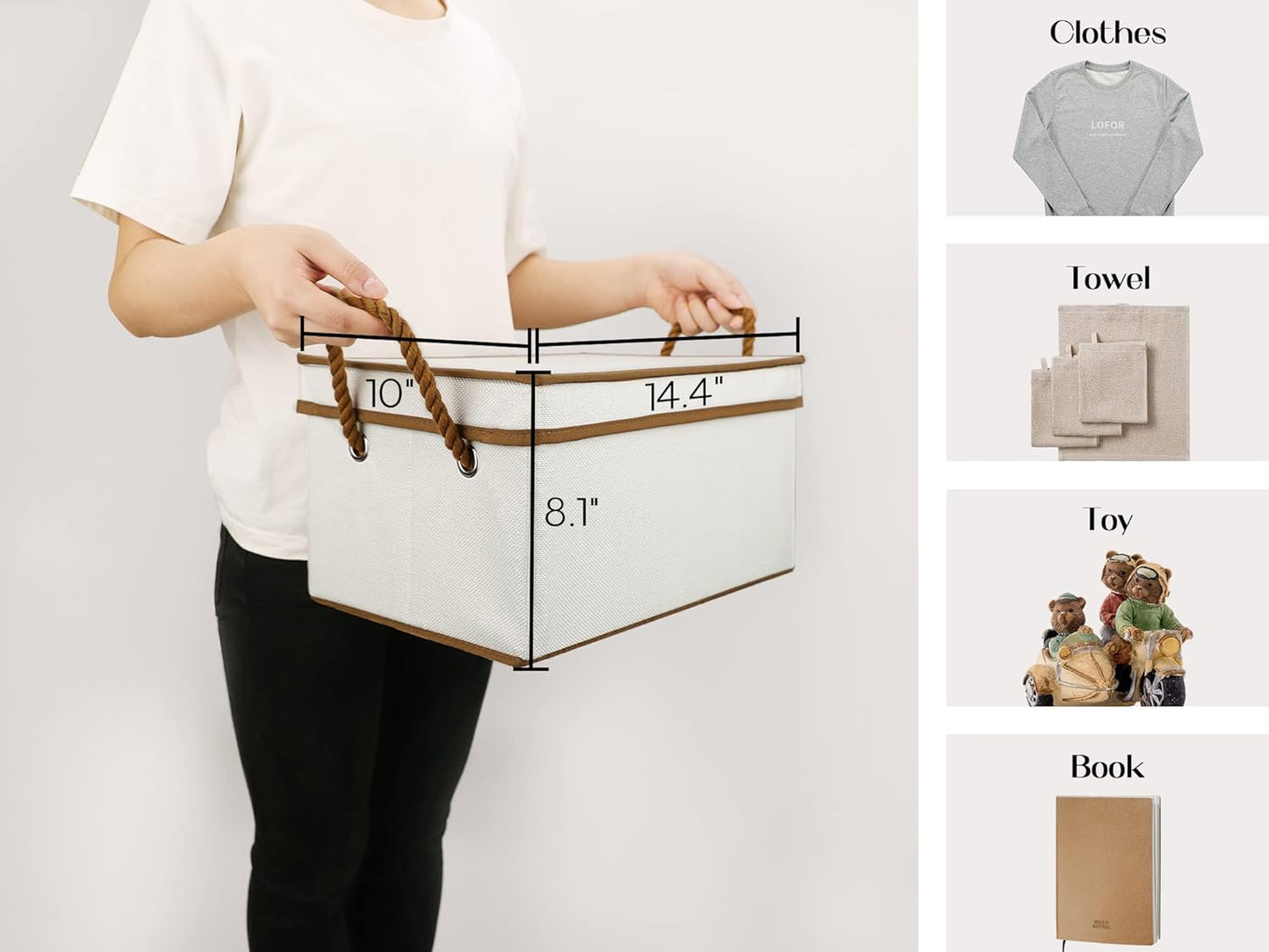 LoforHoney Home Fabric Storage Bins with Lids for Organizing, Foldable Closet Storage Boxes for Shelves, Clothes Baskets with Cotton Rope Handles, Large, Beige & Brown, 4-Pack