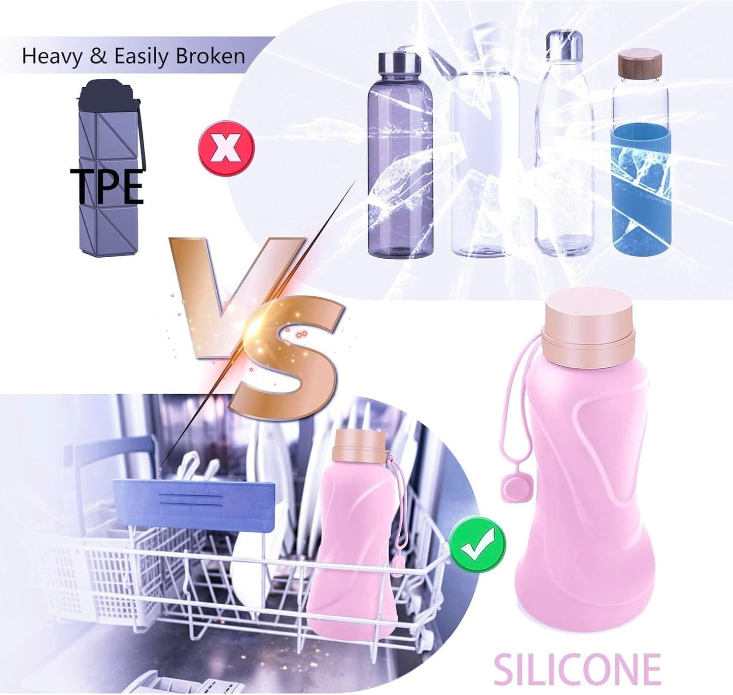 Collapsible Water Bottles,650ml,Leak Proof,Reuseable BPA Free Silicone Foldable Water Bottles,Durable Lightweight for Travel Gym Camping Hiking,Compact Size Portable Sports Water Bottle (Purple)