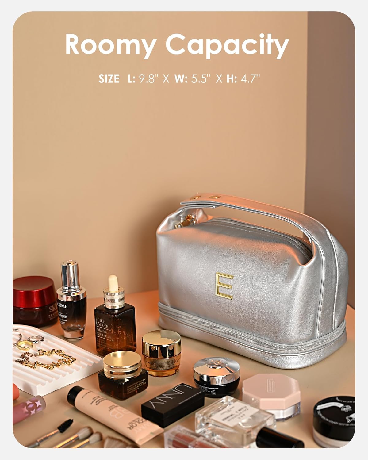 Appreciation Gifts for Woman, Personalized Makeup Bag with Handle, Initial Double Layer Cosmetic Bag with Makeup Brush Organizer, Cute Cosmetic Pouch for Women, Gift Ideas for Teen Girls