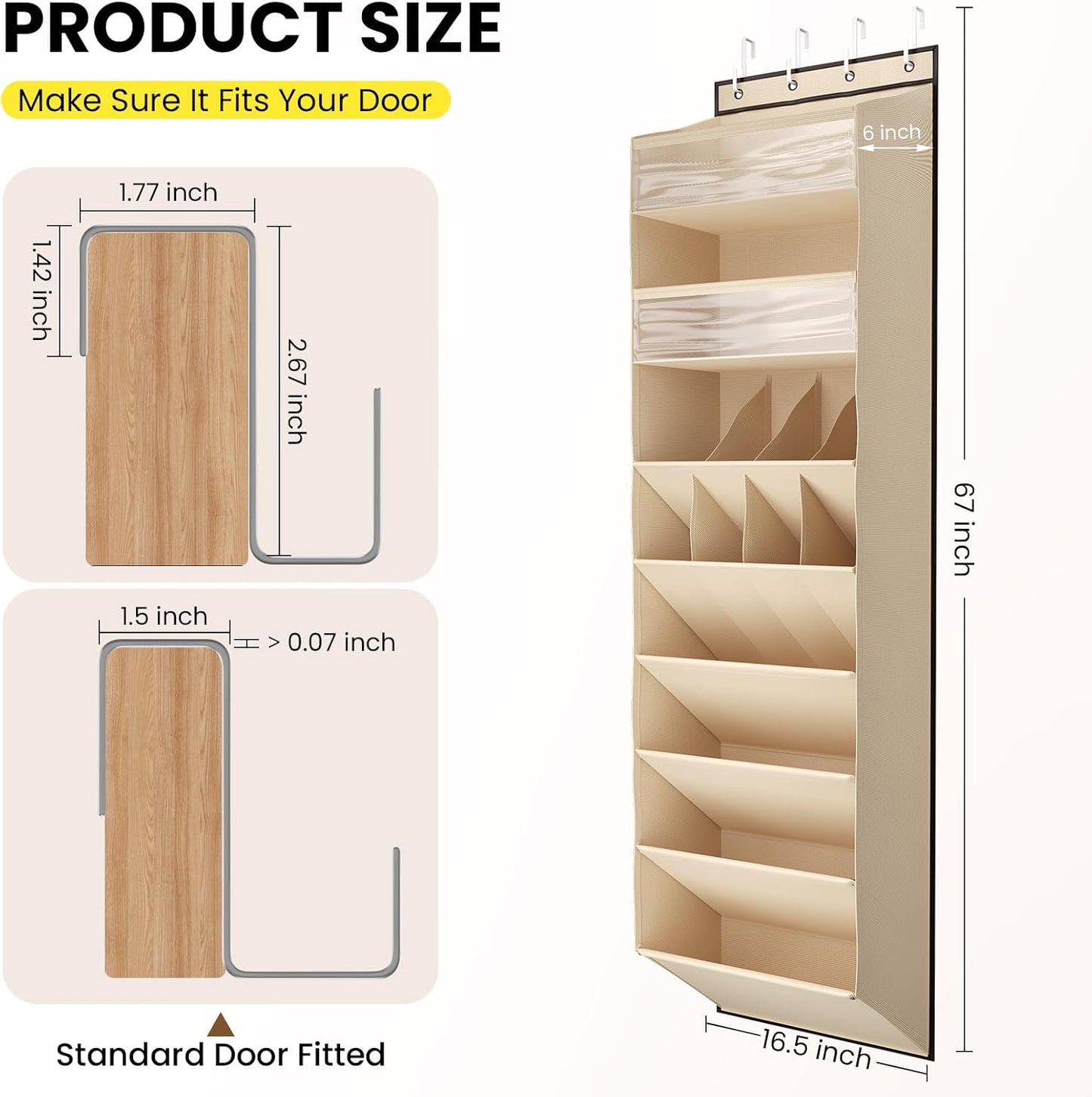 Over the Door Shoe Organizer for Closet, Shoes Rack with 8 Tier Large Deep Pockets, Hanging Shoe Organizers for Boot Storage, Behind the Door Narrow Shoe Holder for Small Shoes, Beige