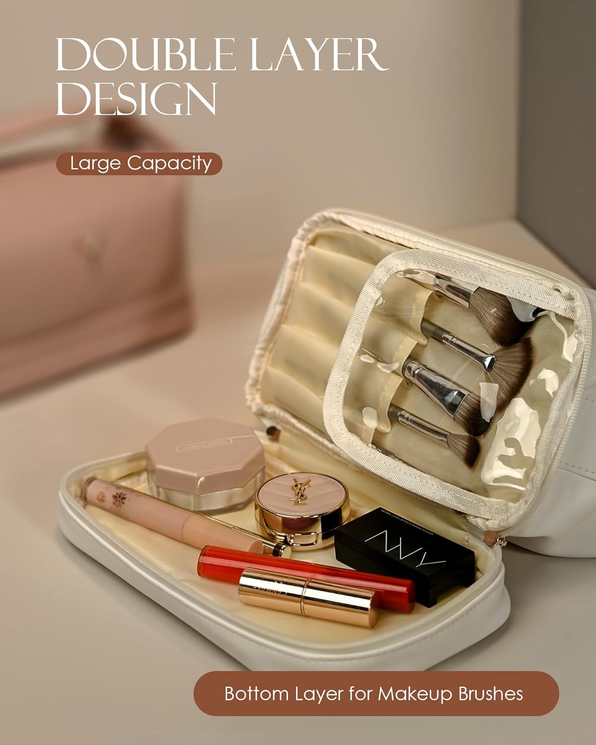 Women Gift Ideas, Personalized Makeup Bag with Handle, Initial Double Layer Cosmetic Bag with Makeup Brush Organizer, Cute Cosmetic Pouch for Women, Gifts for Friends Female Mom