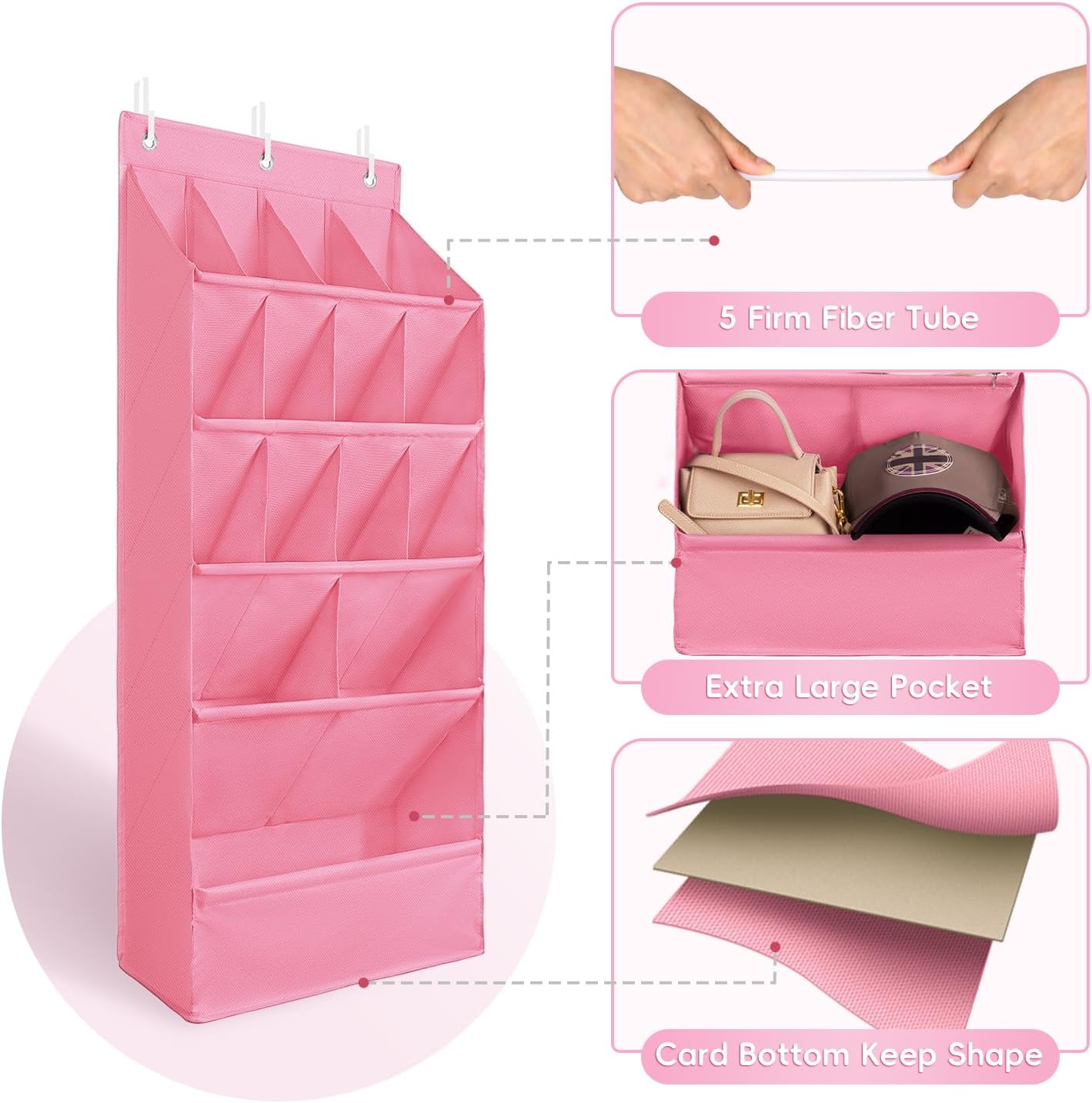 FENTEC 1 Pack Over-the-Door-Shoe-Organizers, Hanging Shoe Organizers with Large Pocket Shoe Holder Hanging Shoe Rack for Closet Shoe Organizer for Wall, Over Door Organizer with 15 Pockets Pink