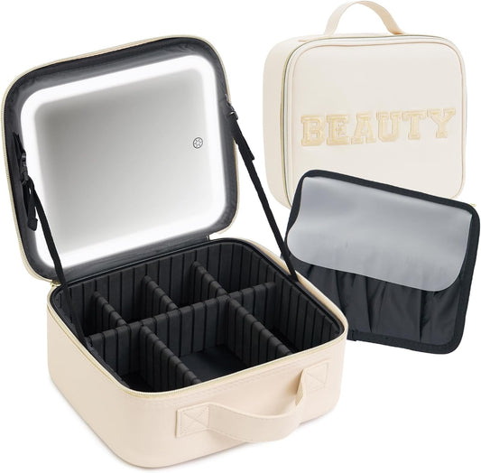 Makeup Bag with LED Mirror – Travel Cosmetic Organizer with Lighted Mirror, Adjustable Dividers & Brush Holder Storage – Portable PU Leather Makeup Case for Women & Girls - Cream