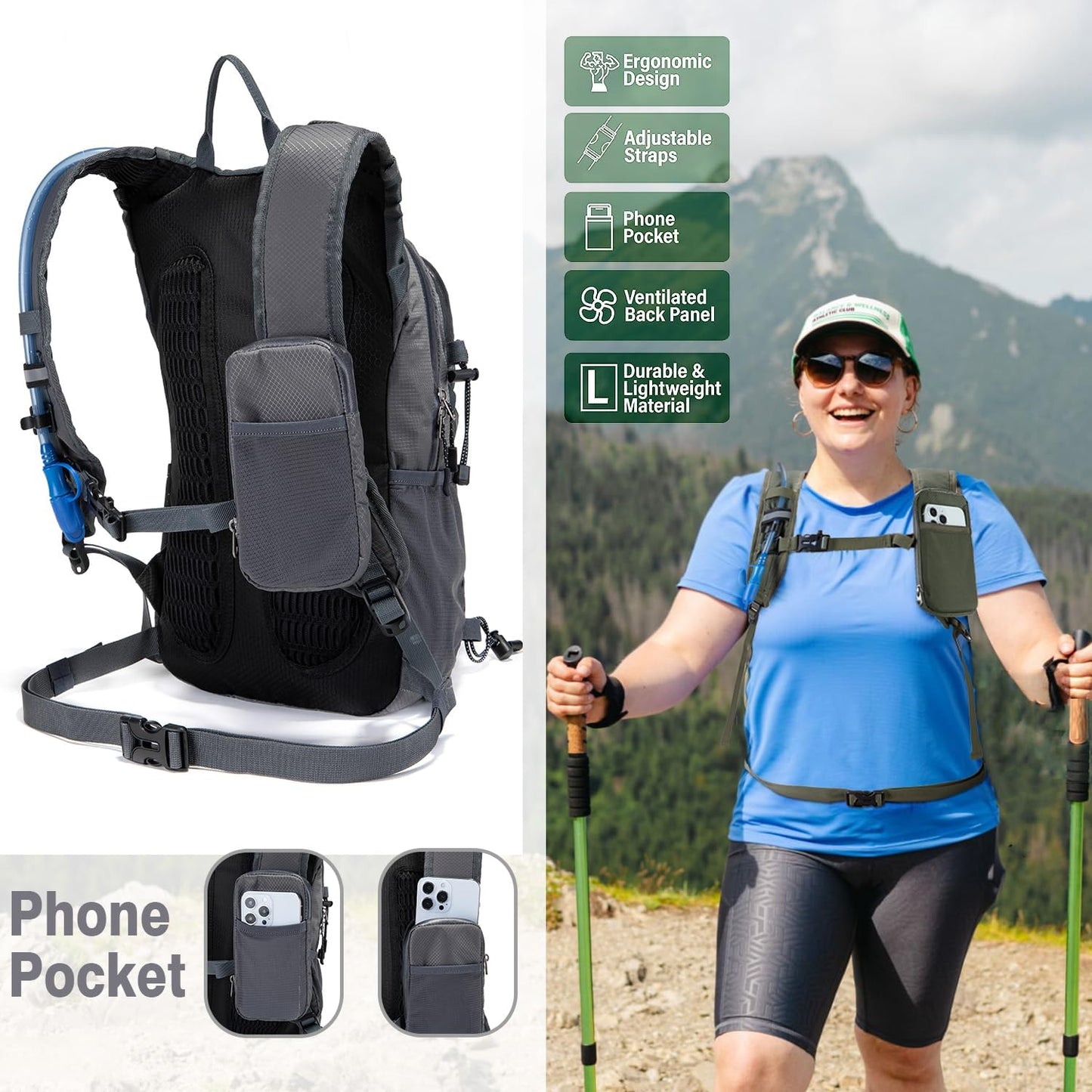 Insulated Hydration Backpack Pack with 2L Water Bladder Lightweight 22L Hiking Backpack Bag for Women Men Daypack for Hiking Running Festival Camping Biking