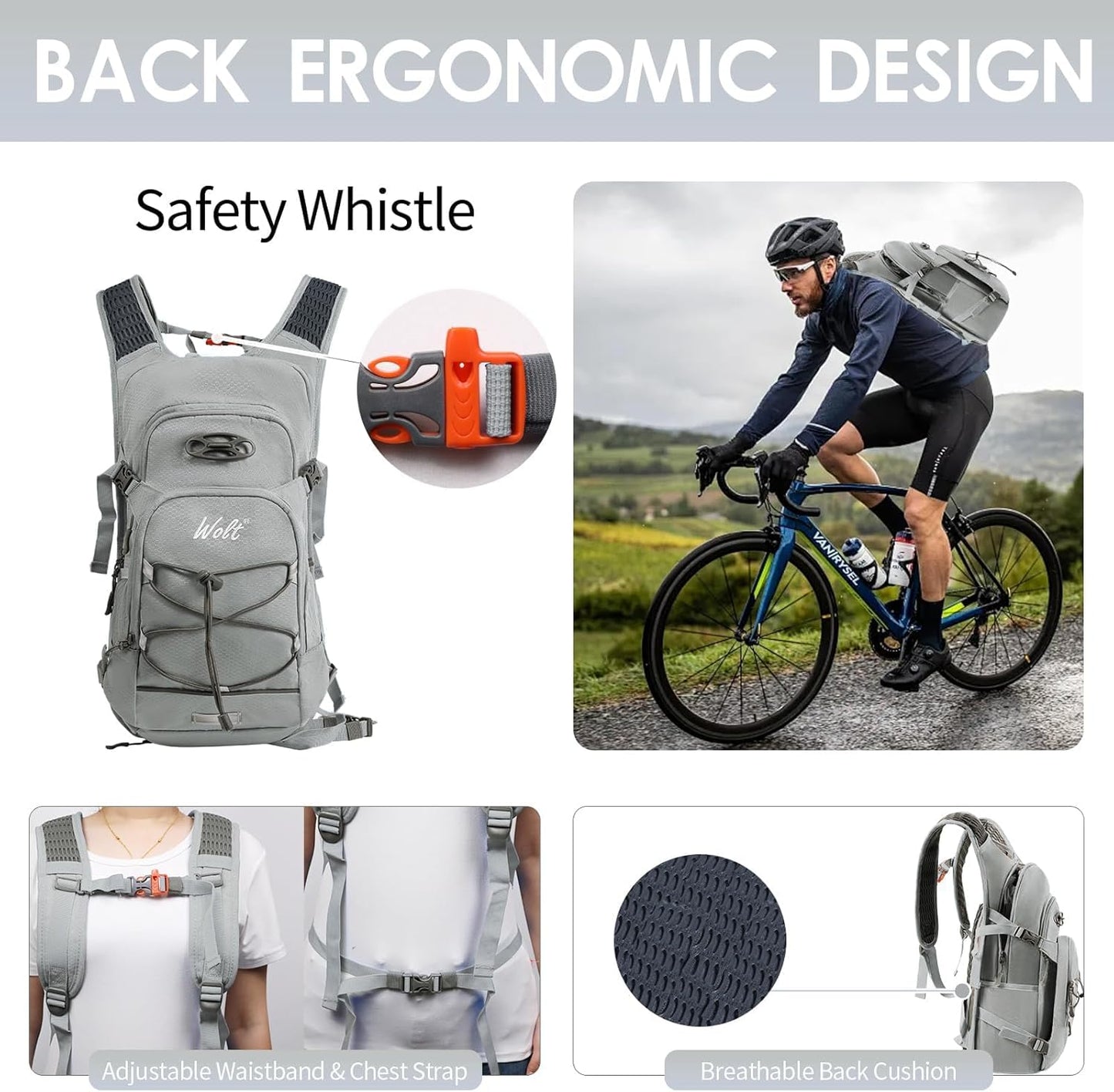 WOLT Hydration Backpack 18L Hiking Water Backpack with 2L Water Bladder for Men Women, Hydration Pack for Running Cycling Biking and Climbing