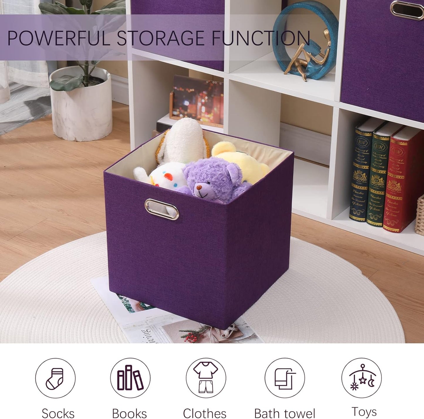 Collapsible Basket Fabric Foldable Box with Handles, 13x13 Cube Storage Bins Set of 4, Thick and Heavy Duty Storage Baskets for Shelves Bedroom Livingroom,Purple