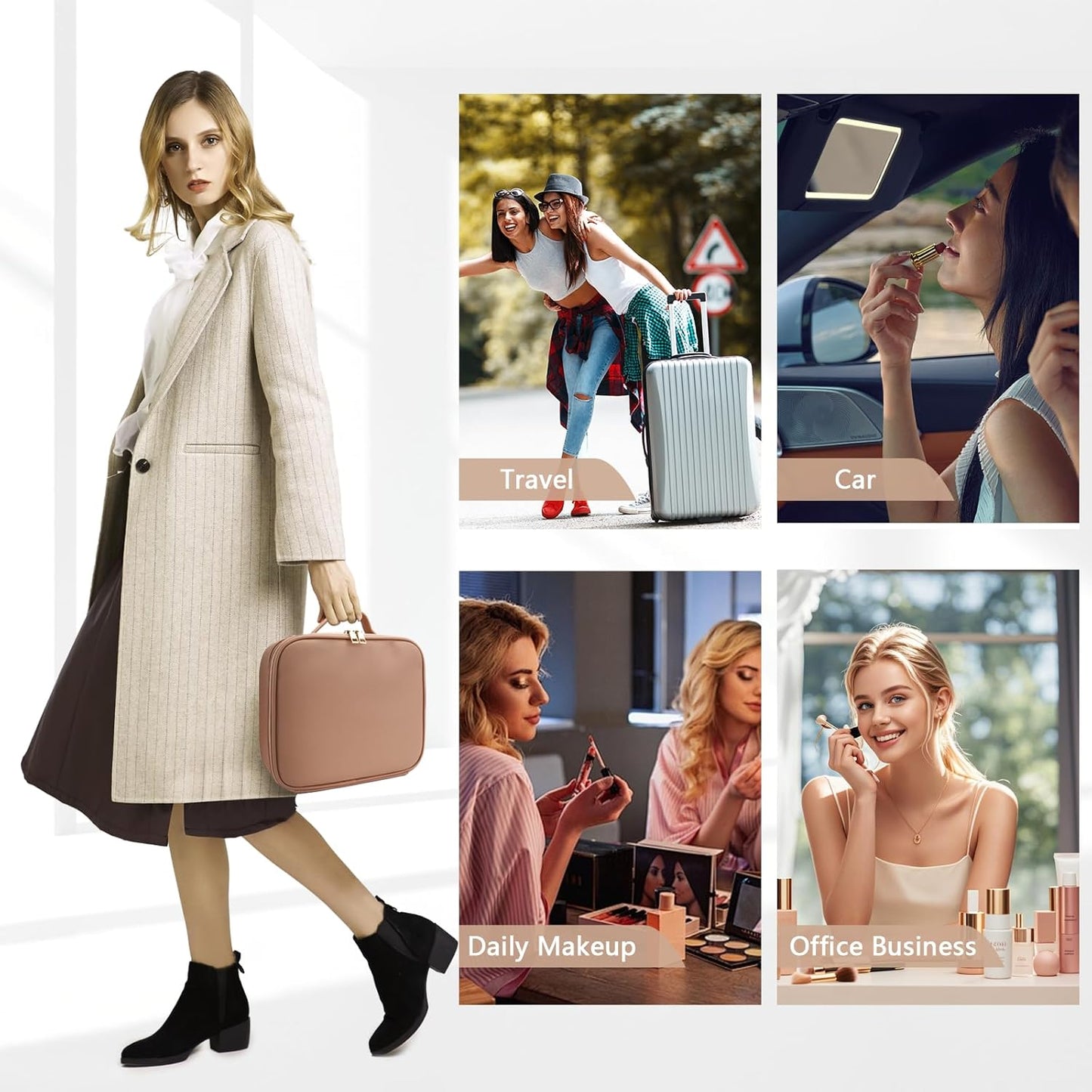 Travel Makeup Bag for Makeup Artists Large Makeup Case,with Mirror 3 Color Setting and Detachable 10x Magnifying Mirror Travel Makeup Bag,Portable Storage and Adjustable Dividers（khaki）