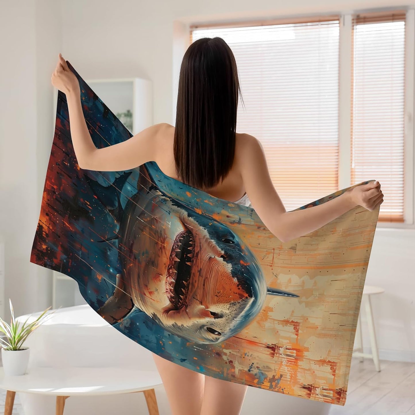 WZOMT Shark Beach Towel, Microfiber Shark Fishing Towel, Retro Ocean Fish Blue Orange Bath Towel for Kids Boys, Quick Dry Sand-Free Absorbent Towel for Pool Swim Travel, Oversized 32x52 Inch