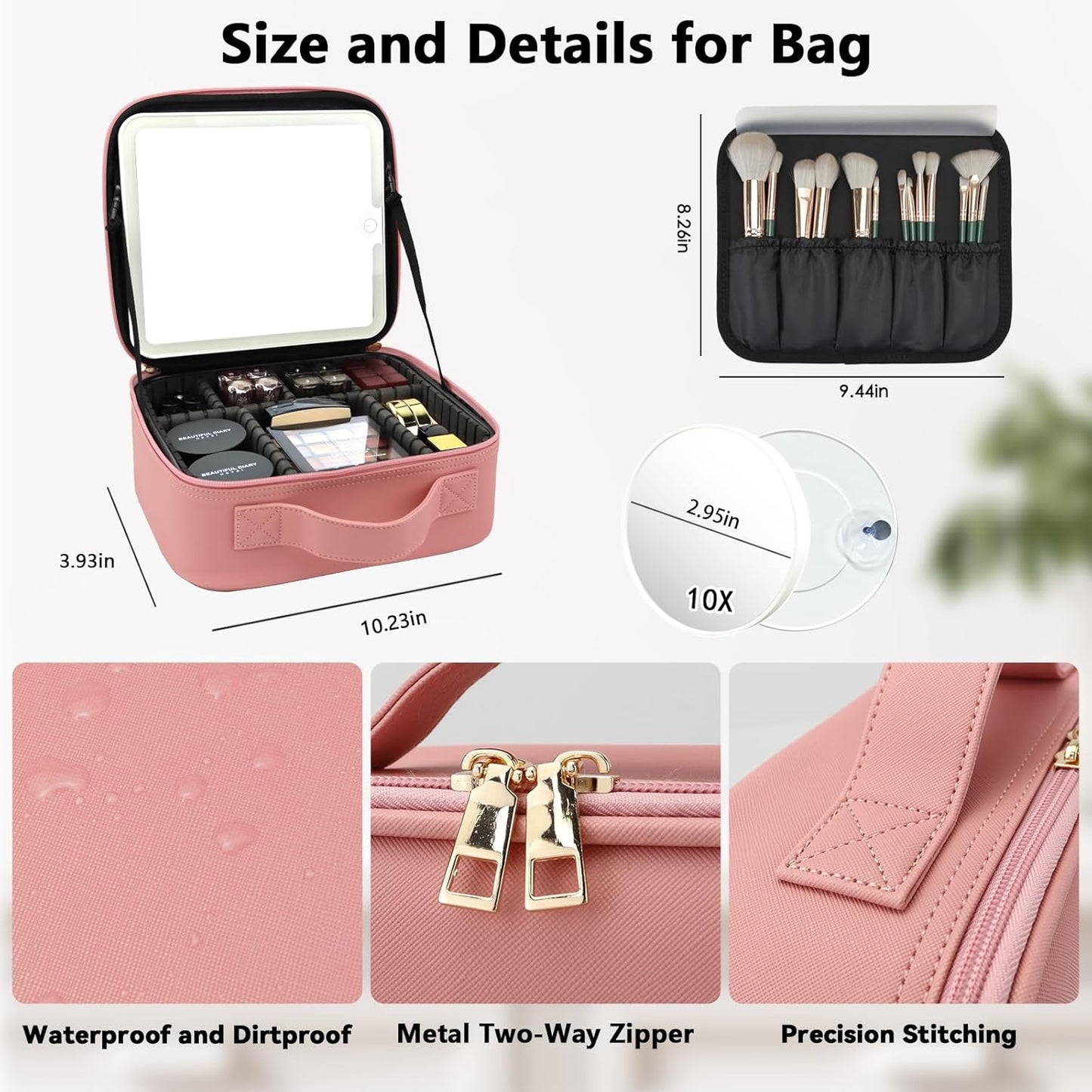 Travel Makeup Bag with LED Mirror and 10x magnifying glass with 3 Lighted Settings, Adjustable Dividers and Makeup Brush Storage Bag Pink