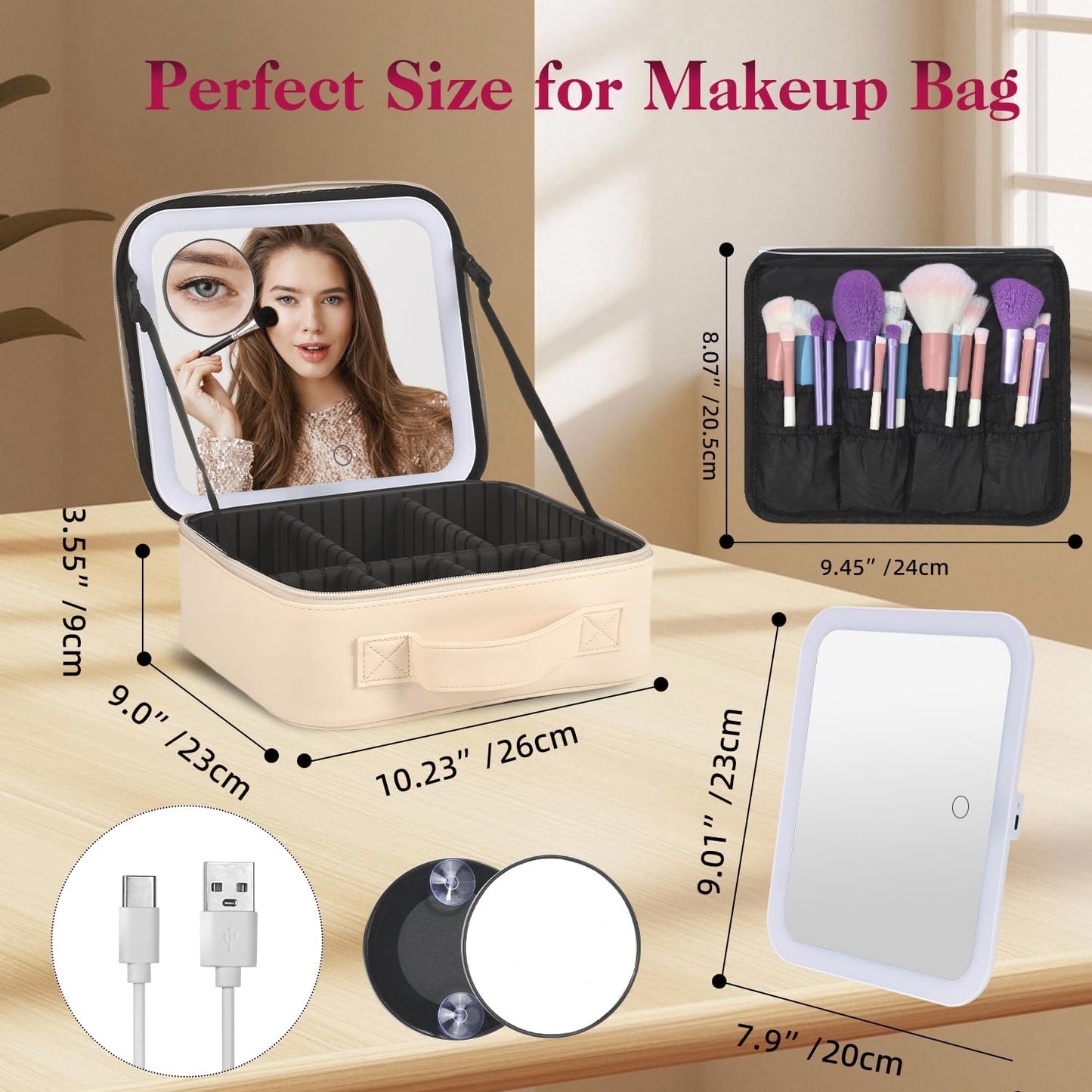 Travel Makeup Bag With LED Mirror,Makeup Travel Train Case with 3 Color Setting,Cosmetic Makeup Organizer Bag with Adjustable Dividers,Portable Make up Bag with Makeup Brush Holder Storage（Beige）