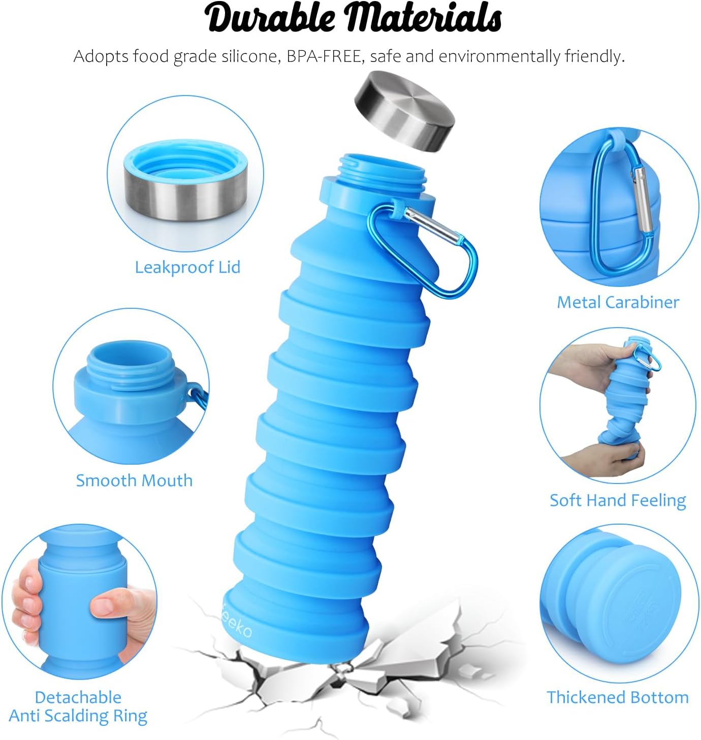 Nefeeko Collapsible Water Bottle, Reuseable BPA Free Silicone Foldable Water Bottles for Travel Gym Camping Hiking, Portable Leak Proof Sports Water Bottle with Carabiner