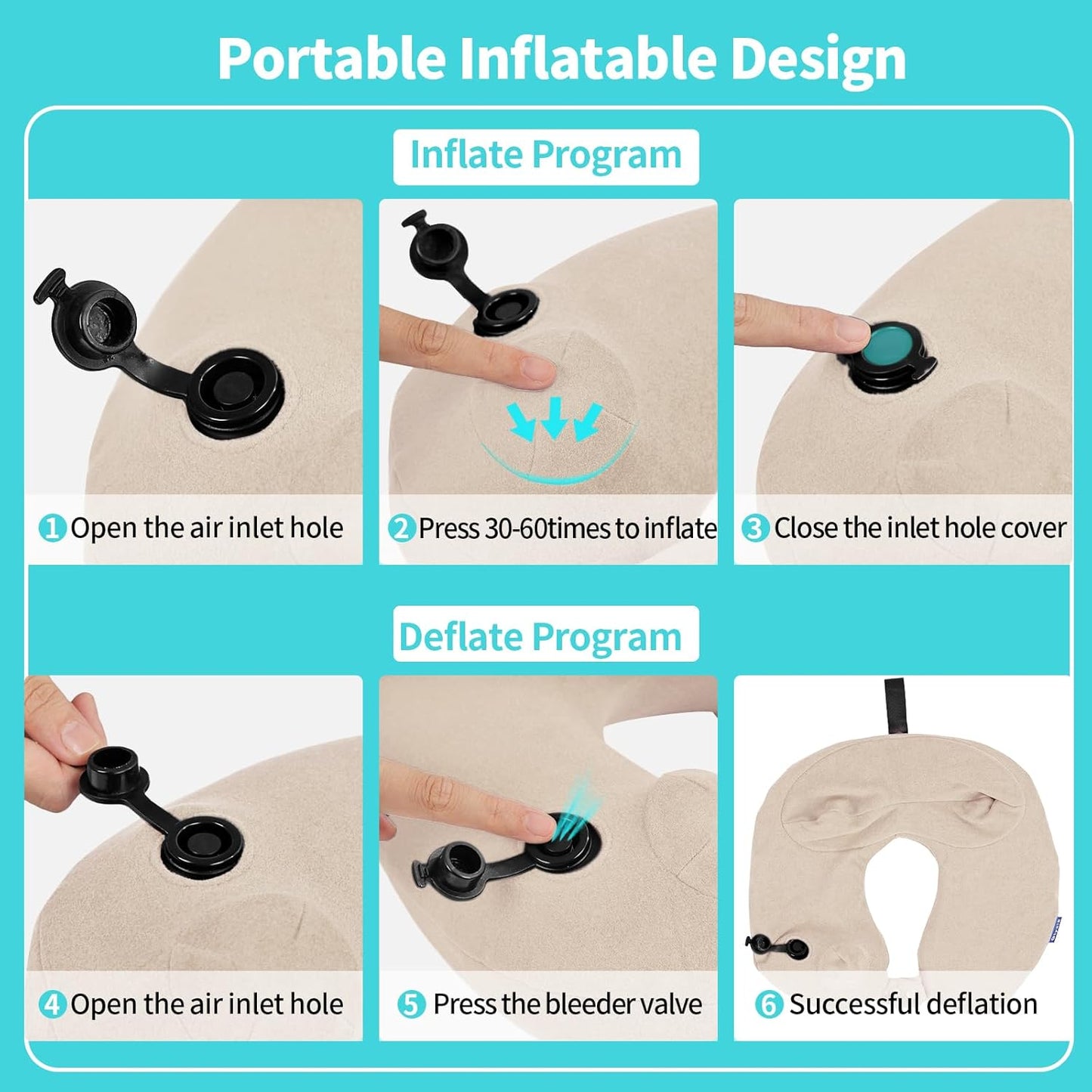 2 Pack Inflatable Travel Neck Pillows for Airplanes, Head Support Velvet Adult Neck Pillows for Long Flight, Kit with Eye Mask, Earplugs and Storage Bag, 2, Beige