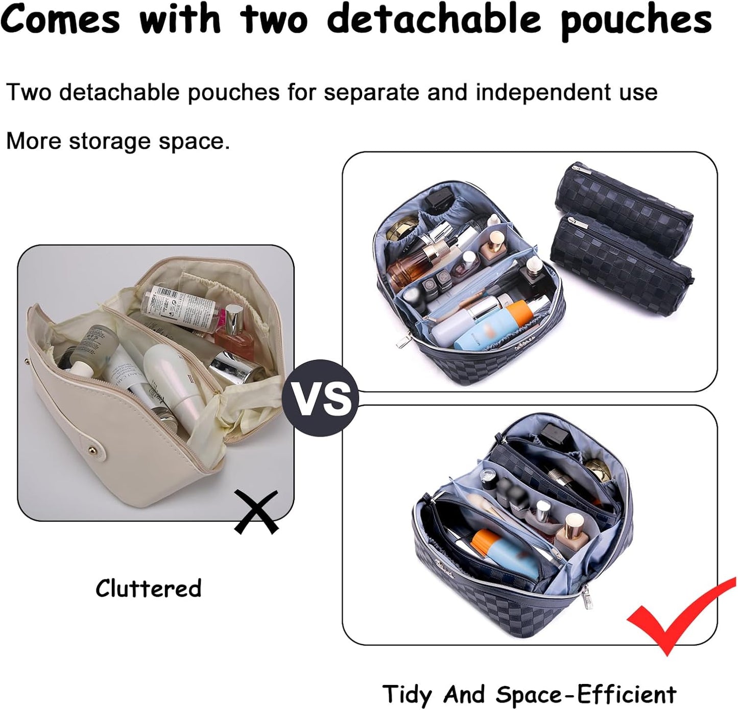 Travel Makeup Bag Organizer Cosmetic Bag: 3 Pcs Set Make up Bags for Women with Handle - Waterproof Vegan Leather Toiletry Bags with Comparments (C-12-Dark Blue)