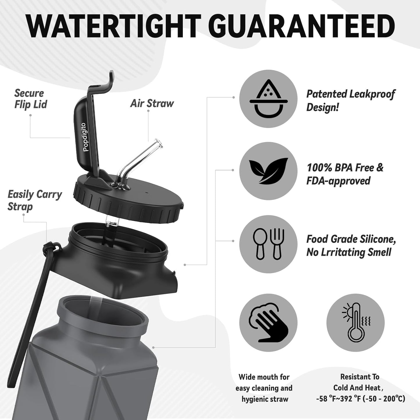 Collapsible Water Bottles 20.6oz Foldable Water Bottle BPA Free Reusable Lightweight LeakProof Travel Silicone Water Bottles for Travel Gym Hiking Camping (Upgrade Dark Grey)