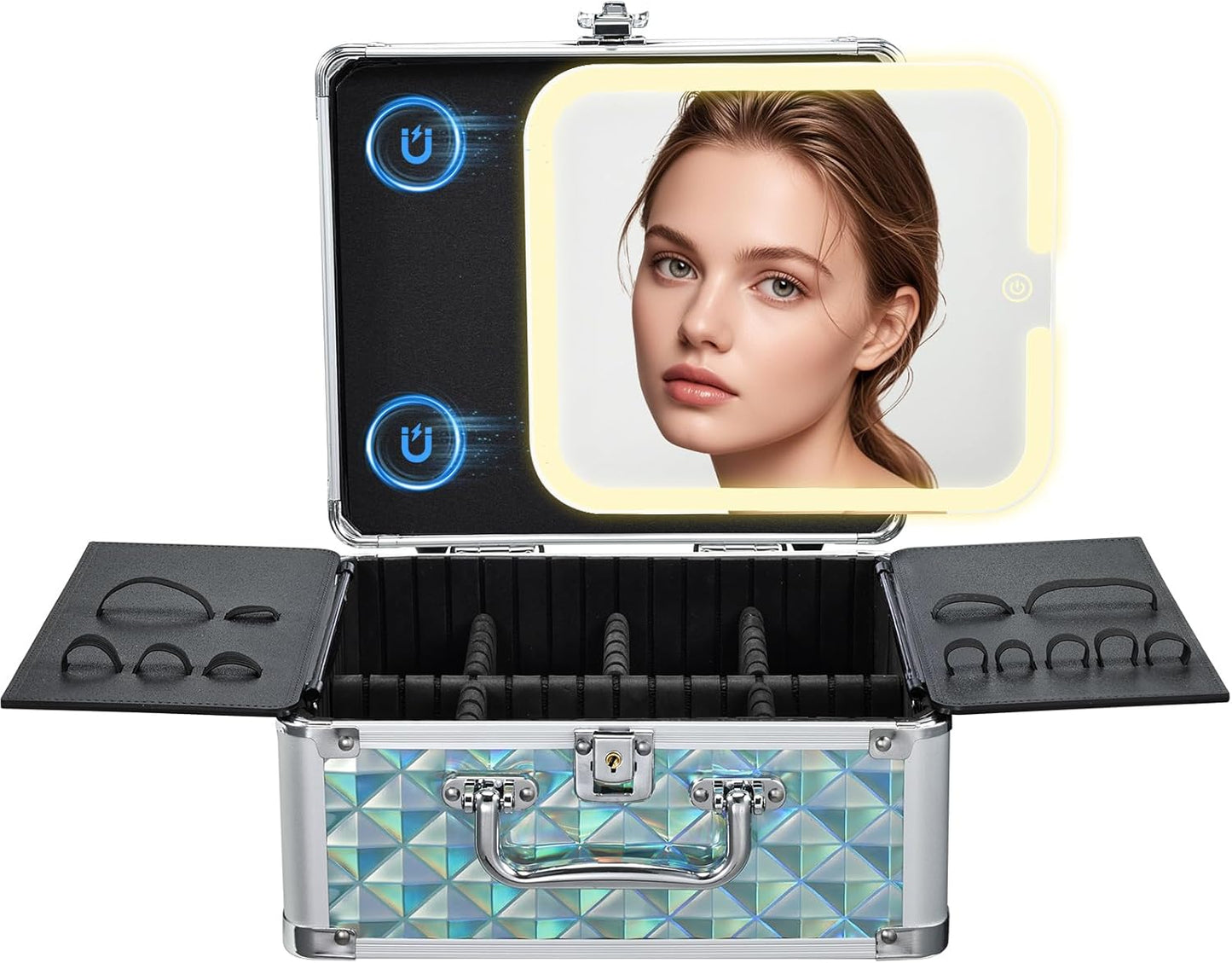 Makeup Case with Magnetic LED Mirror Travel Cosmetic Organizer Portable Makeup Box with Lighted Up Mirror Make Up Vanity Nail Box Lipstick Artist Storage with Lockable Dividers Brush Holder Shiny Blue