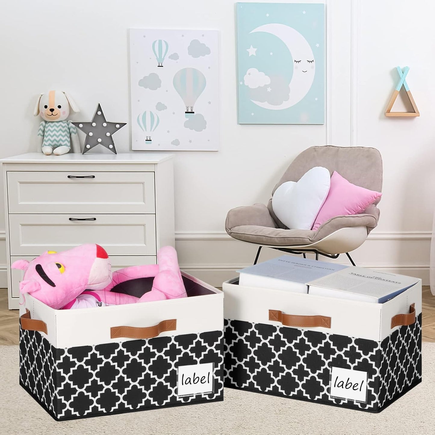 Large Storage Bins with Lids, Foldable Fabric Storage Baskets with Lids, Sturdy Storage Boxes with Labels and 3 PU Handles for Closet Home Bedroom Office (26L, 3 Packs, Black Plaid&White)