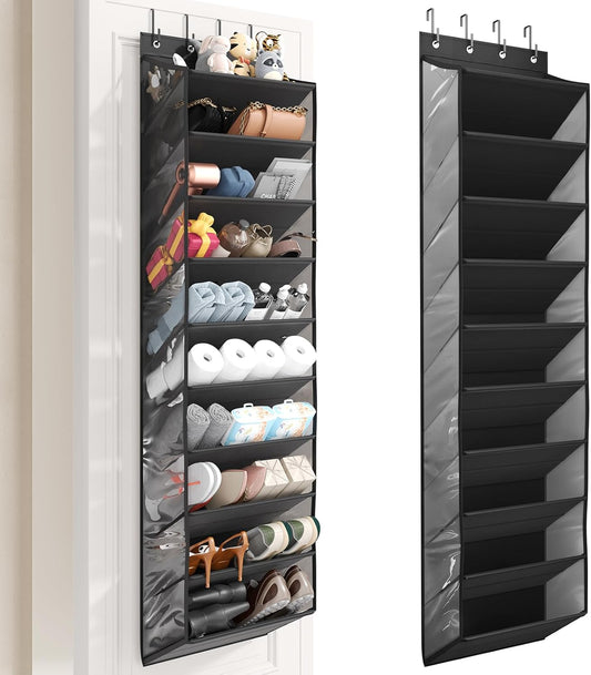 Over the Door Shoe Organizer for Closet, Shoes Rack with 10 Tier PVC Window Deep Pockets, Hanging Shoe Organizers for Boot Storage, Behind the Door Narrow Shoe Holder for Small Shoes, Black