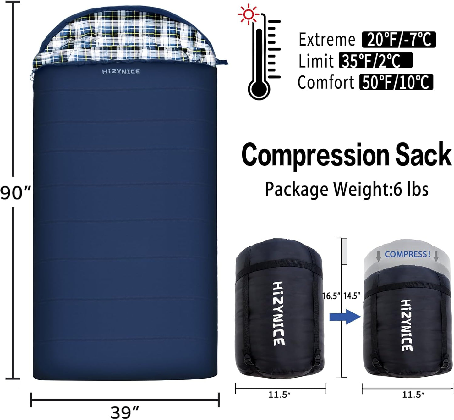 0 Degree Sleeping Bag 100% Cotton Flannel XXL for Adults Big and Tall Cold Weather Winter Zero Degree Camping,Free Compression Sack