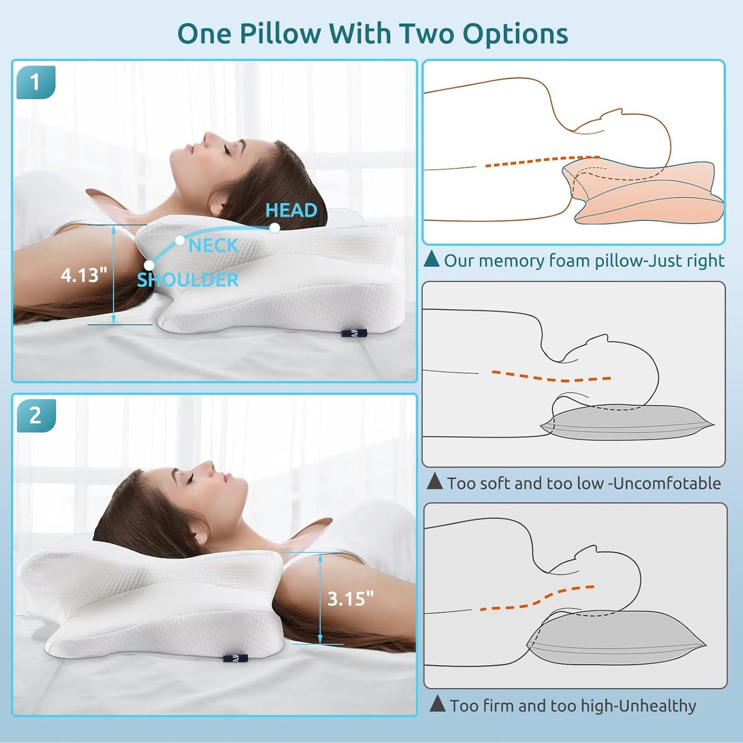 DONAMA Cervical Pillow for Neck and Shoulder,Contour Memory Foam Pillow,Ergonomic Neck Support Pillow for Side Back Stomach Sleepers with Pillowcase-Standard Size