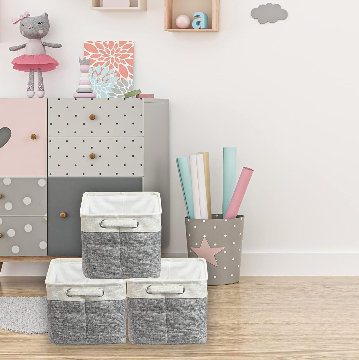 Simple Houseware 14.4" x 10" Fabric Storage Bin with Handles, 3-Pack, Foldable Organizer for Closet and Shelf, Gray