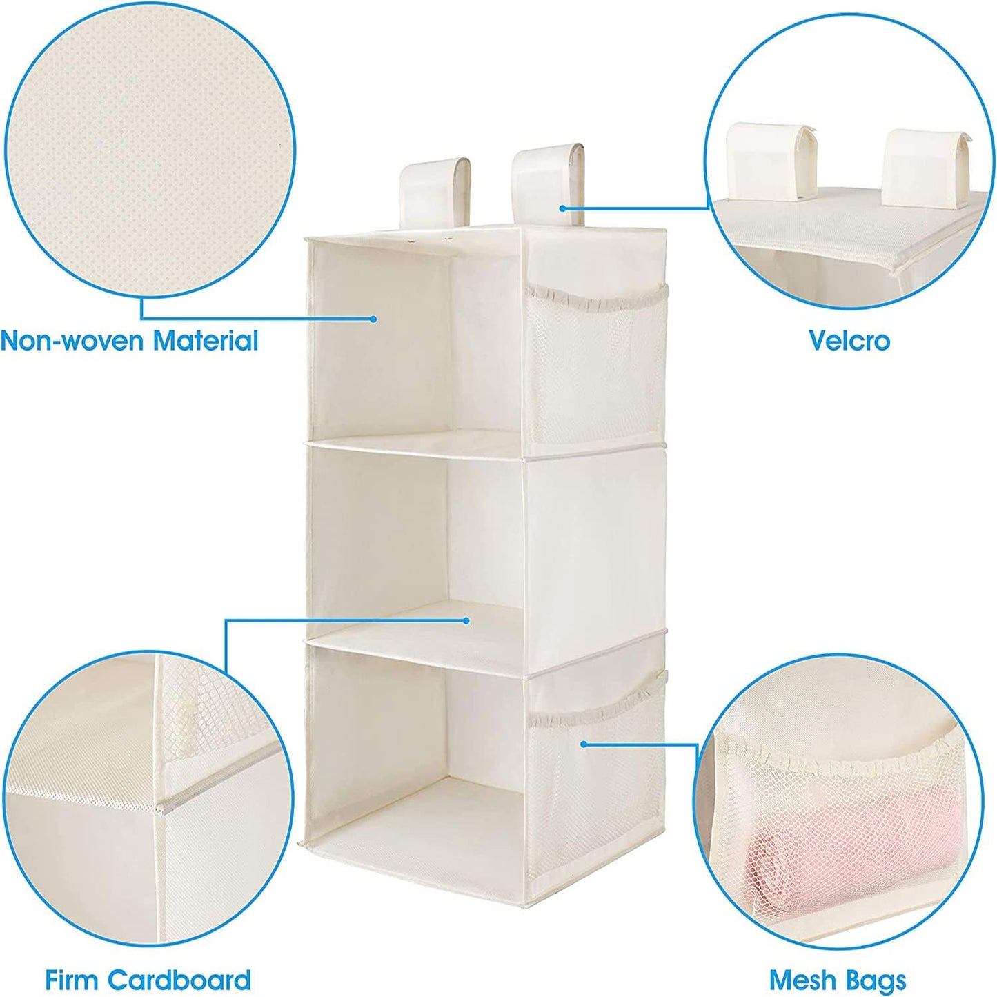 MAX Houser 3-Shelf Hanging Closet Organizers, Collapsible Closet Hanging Shelves for Camper, Nursery Hanging Organizers, Beige, 2-Pack