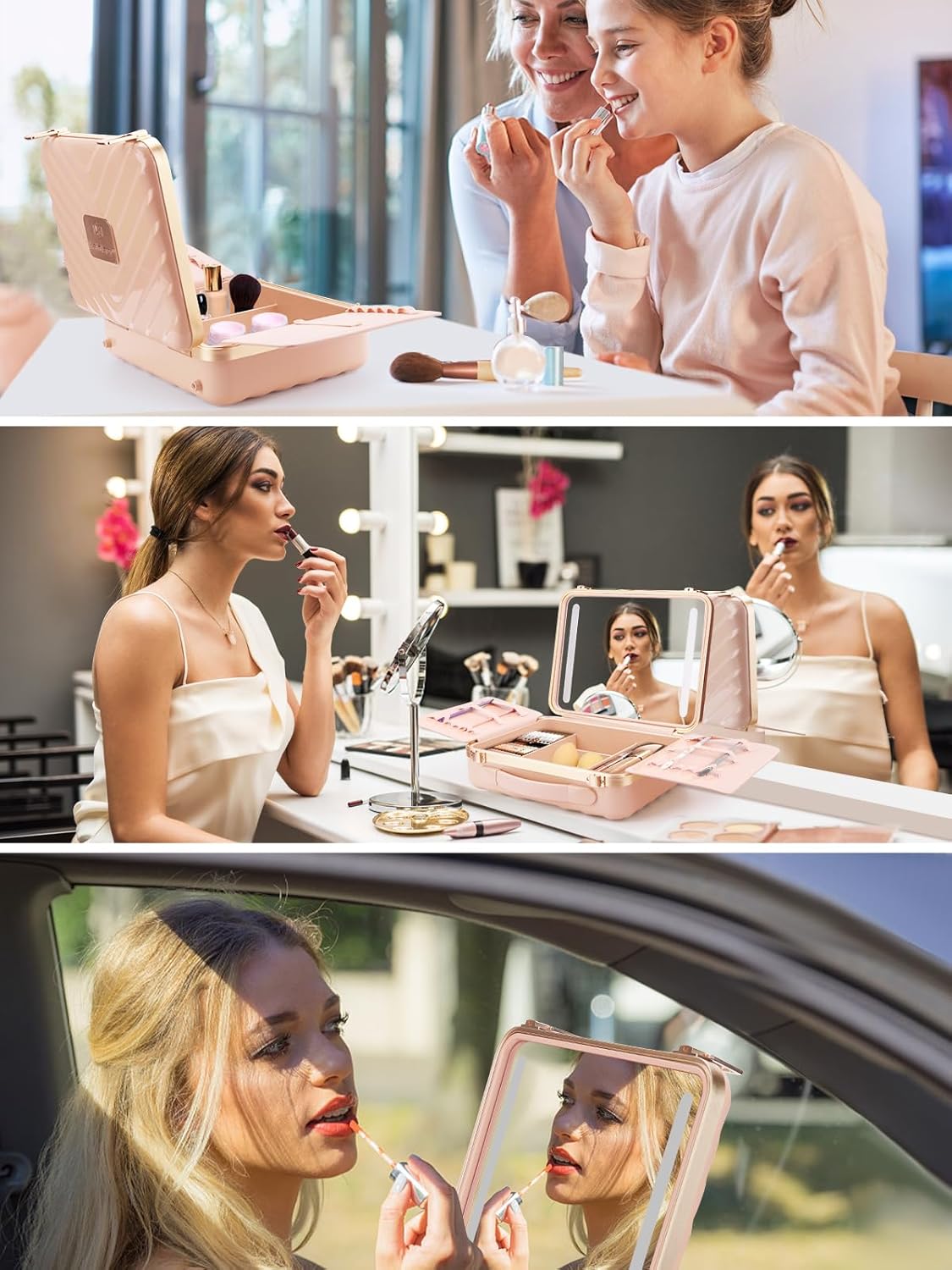 Kalolary Travel Makeup Train Cases with Lighted Mirror 3 Color Setting, Makeup Bag Cosmetic Case Organizer Adjustable Brightness Portable Makeup Storage Box For Makeup Brushes Accessories Tools,Pink