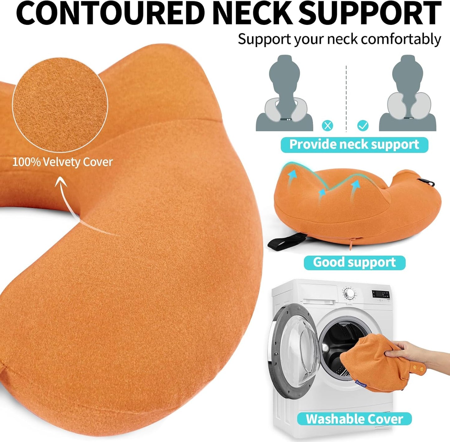 2 Pack Inflatable Travel Neck Pillows for Airplanes, Head Support Velvet Adult Neck Pillows for Long Flight, Kit with Eye Mask, Earplugs and Storage Bag, 2, Orange