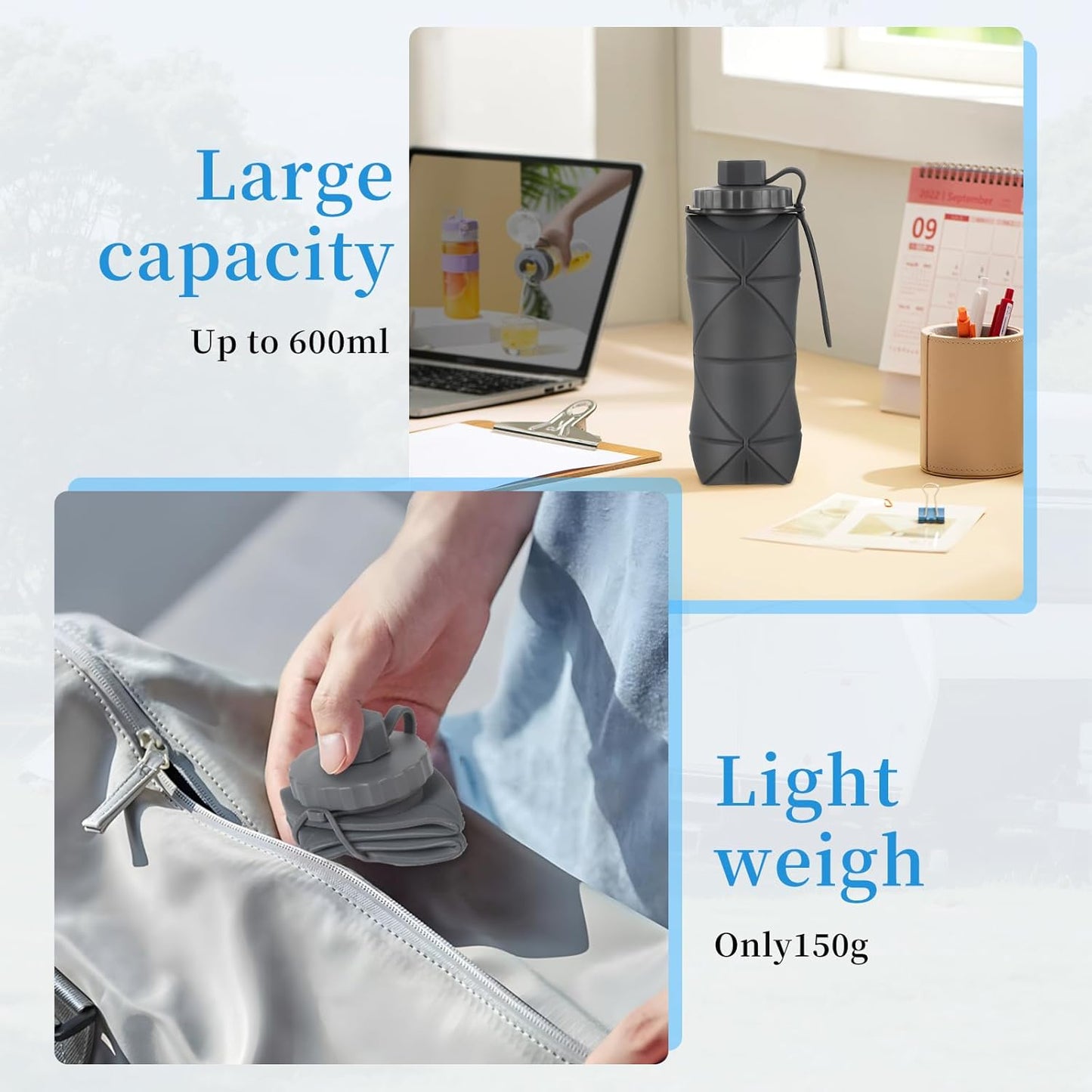 YCT Collapsible Silicone Travel Water Bottle 20oz (600ml), Reuseable Leakproof BPA Free Foldable Sports Bottle, with Carrying Strap, Blue + Pink