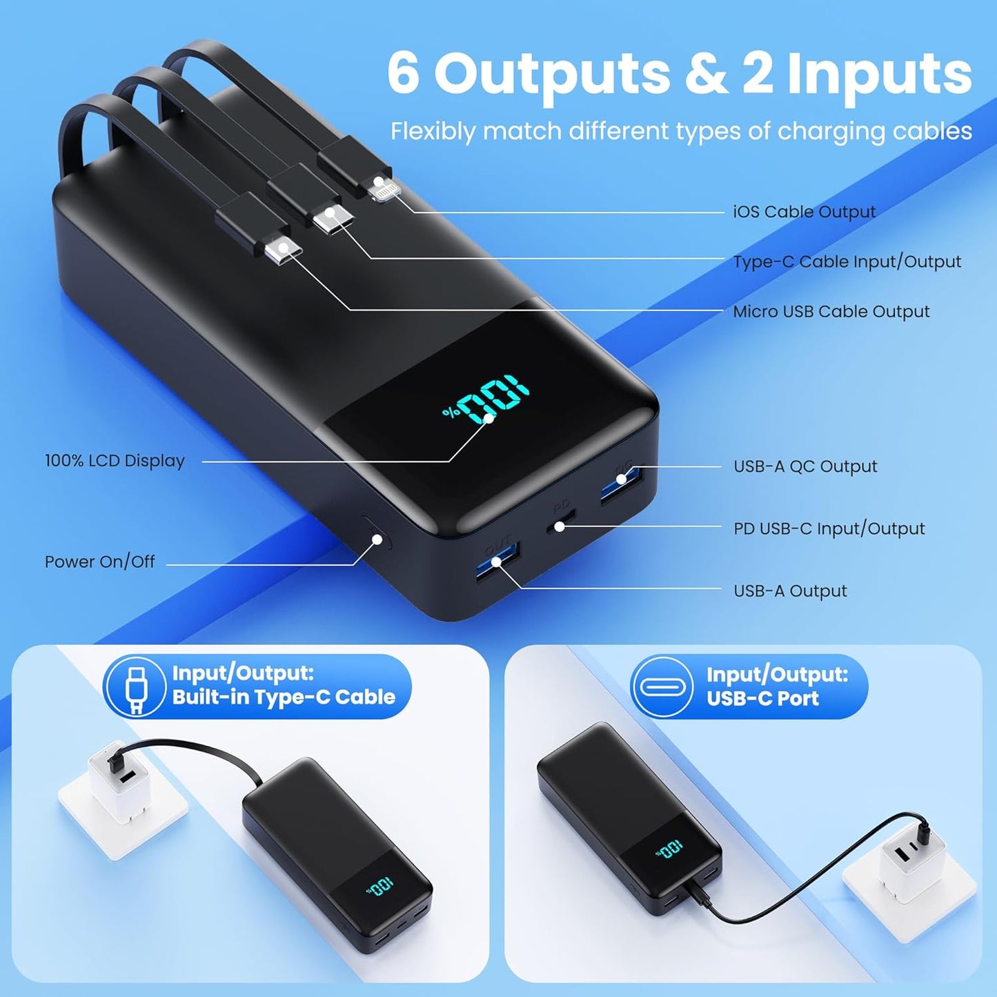 Portable Charger 50,800mAh Power Bank, 25W PD QC 4.0 Fast Charging Portable Phone Charger with Built-in Cables,LCD Display USB C Battery Pack Compatible with iPhone 16/15/14,Android Samsung