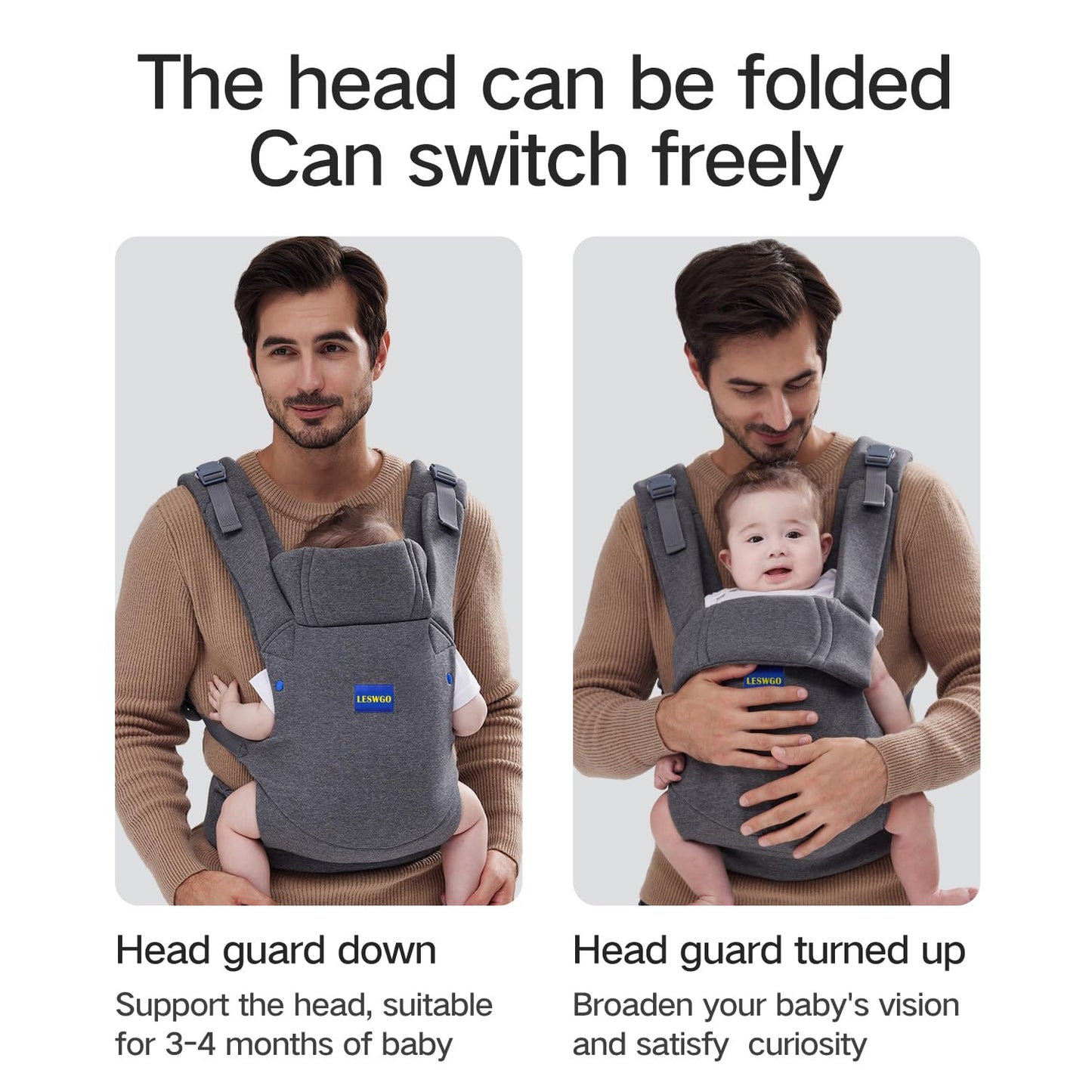 Baby Carrier Newborn to Toddler,Newborn Carrier(7-25lbs) with Head Support, Cozy Baby Wrap Carrier, with Hook&Loop for Easily Adjustable, Soft Fabric (Breathable Black) (All-Gray)
