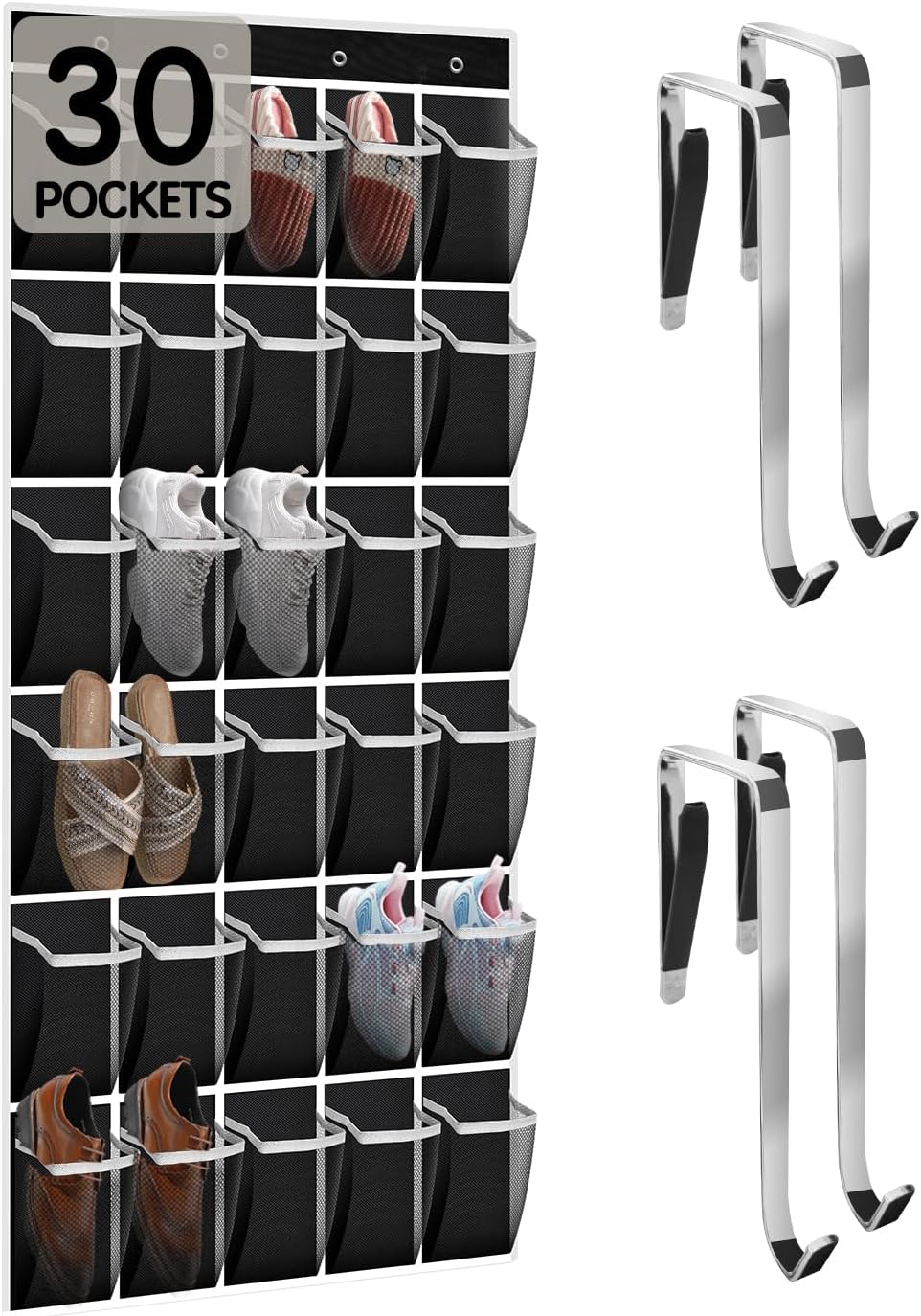 Over the Door Shoe Organizer with 30 Breathable Mesh Pockets - Large Capacity Closet Storage for Men & Women, Hanging Shoe Rack Organizer -Black