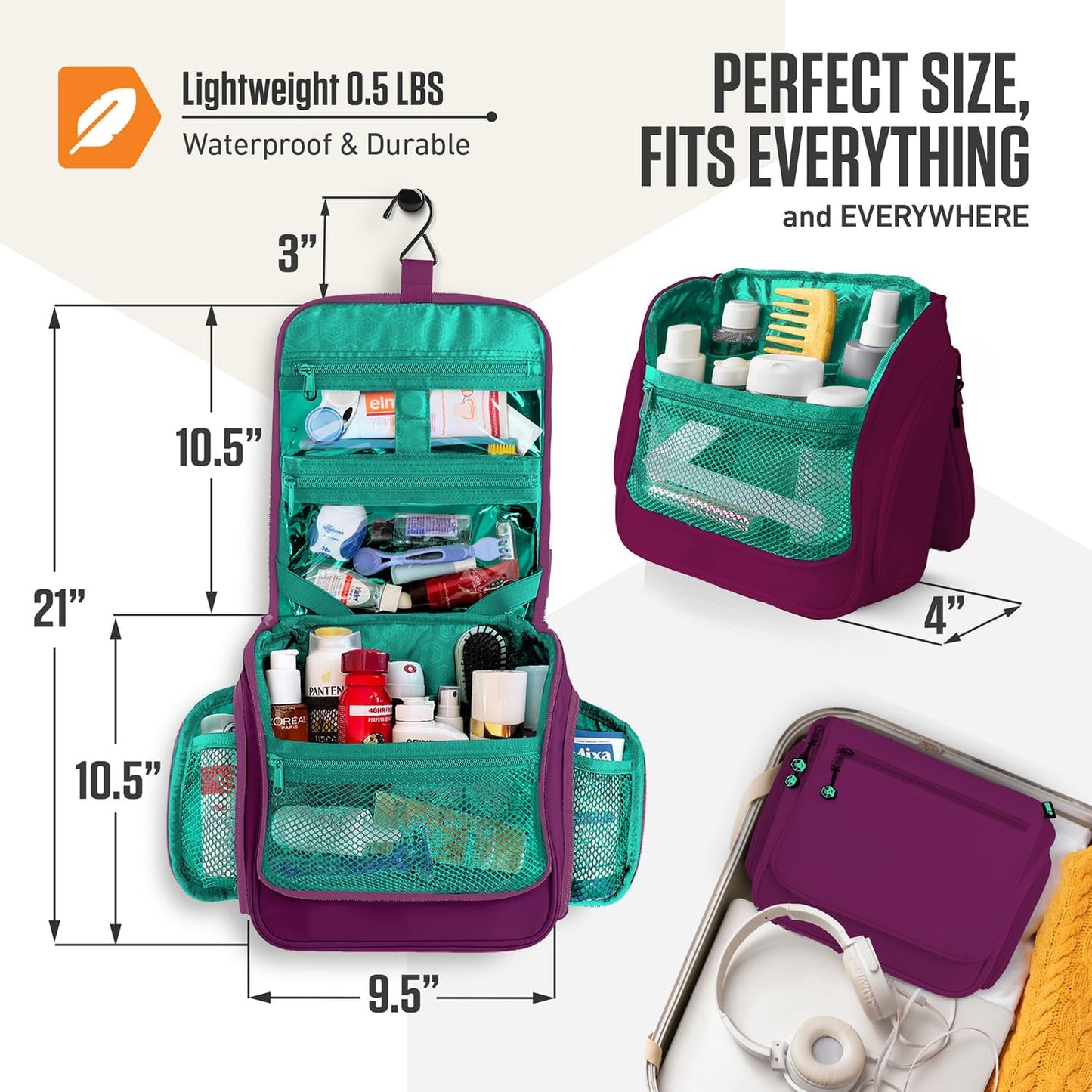 VENTURE 4TH Hanging Travel Toiletry Bag for Women & Men - Travel Organizer with Expandable Compartments & Removable Clear Pouch for Toiletries (Purple/Mint)