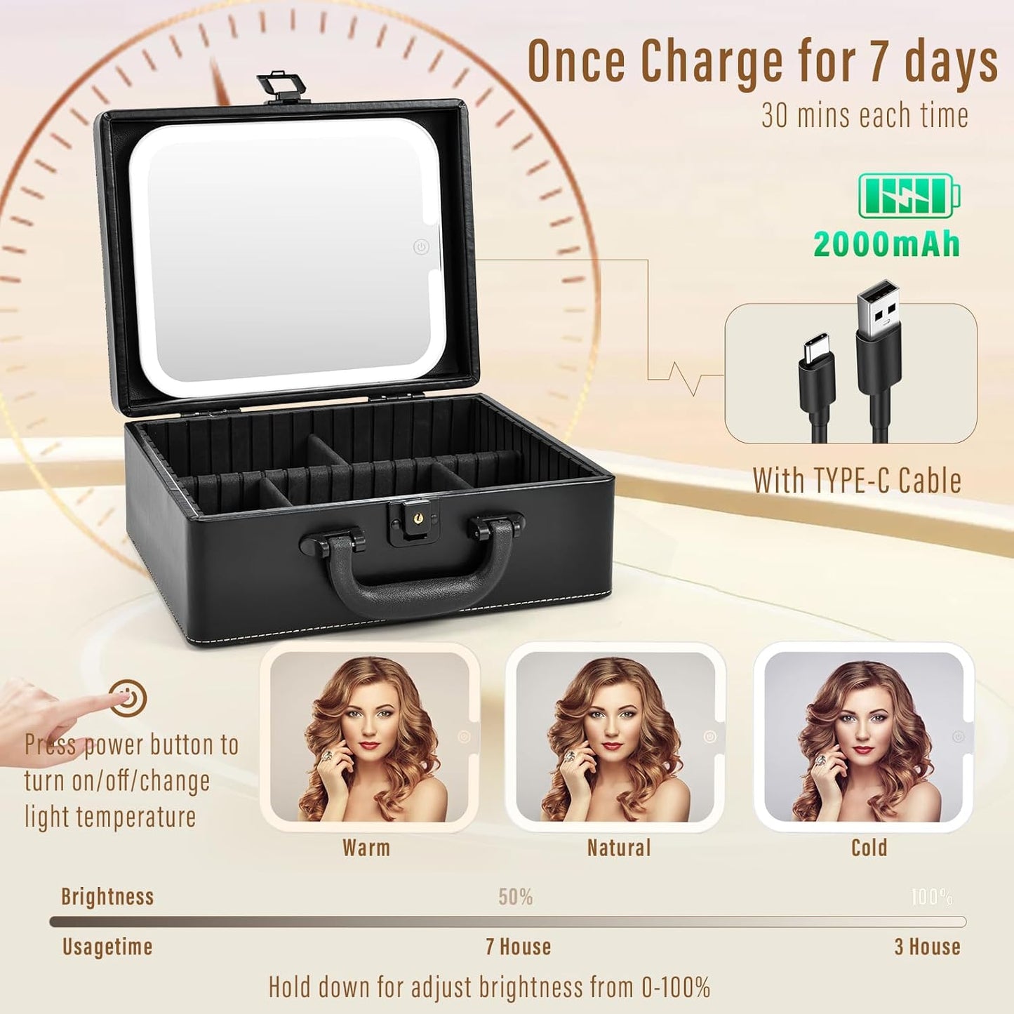 Joligrace Makeup Box with Detachable Lighted Mirror, Travel Train Case, Portable Makeup Case Cosmetic Organizer Vanity Cases for Women with Adjustable Dividers, Rechargeable Magnetic LED Mirror, Black