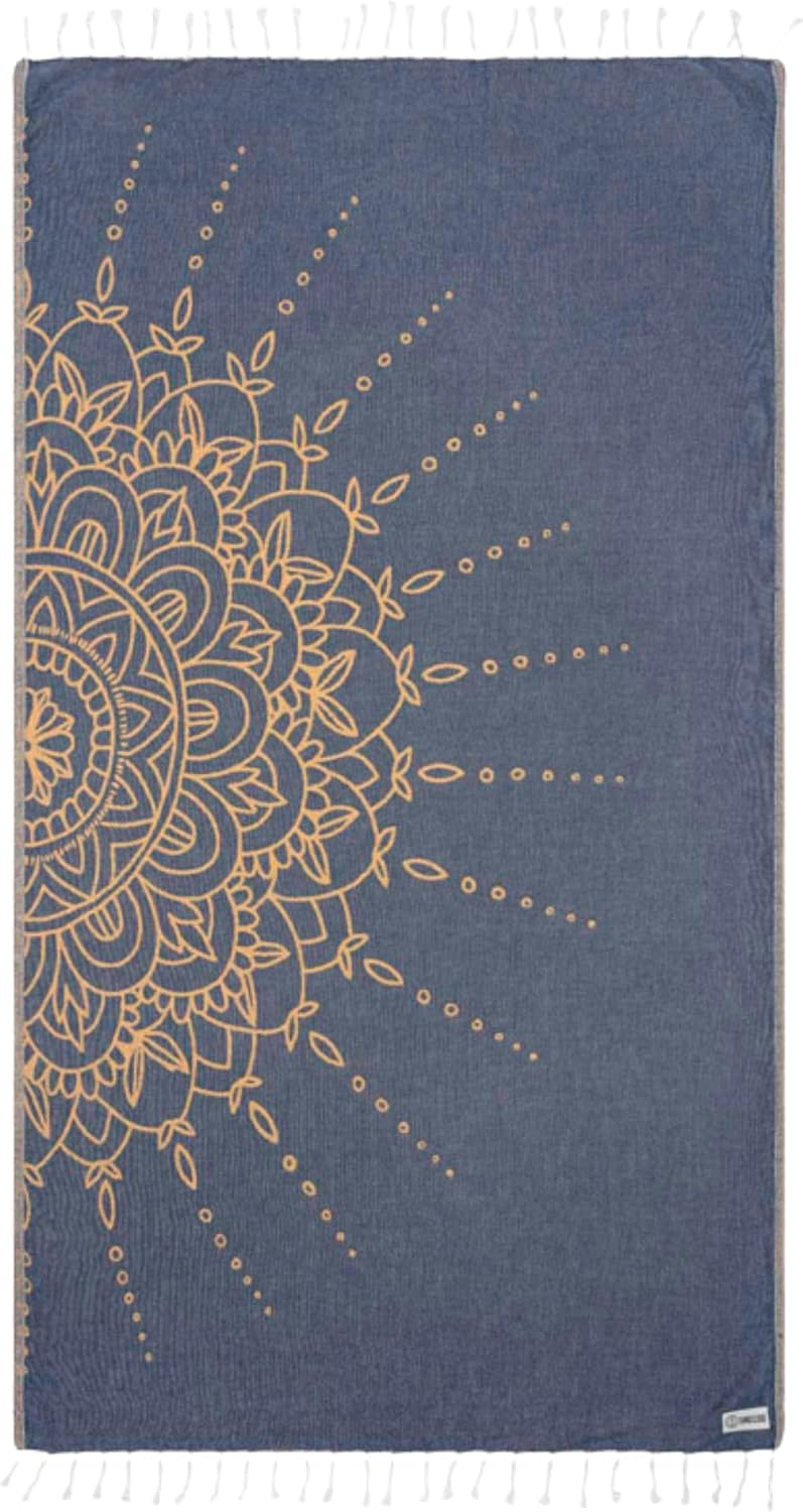 Sand Cloud Turkish Beach Towel - Sand Free - 100% Organic Turkish Cotton Yarn - Quick Dry Towel for Beach, Picnic, Blanket or Bath Towel - As Seen on Shark Tank - Flower Mandala Navy
